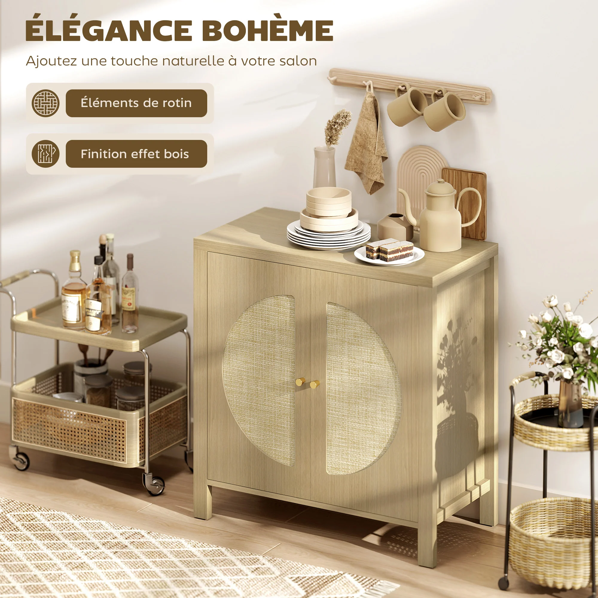 Buffet salon, meuble de rangement avec 2 portes effet rotin et étagère réglable, style bohème, pour salle à manger et cuisine, 75 x 38 x 77 cm, bois naturel - Image 5