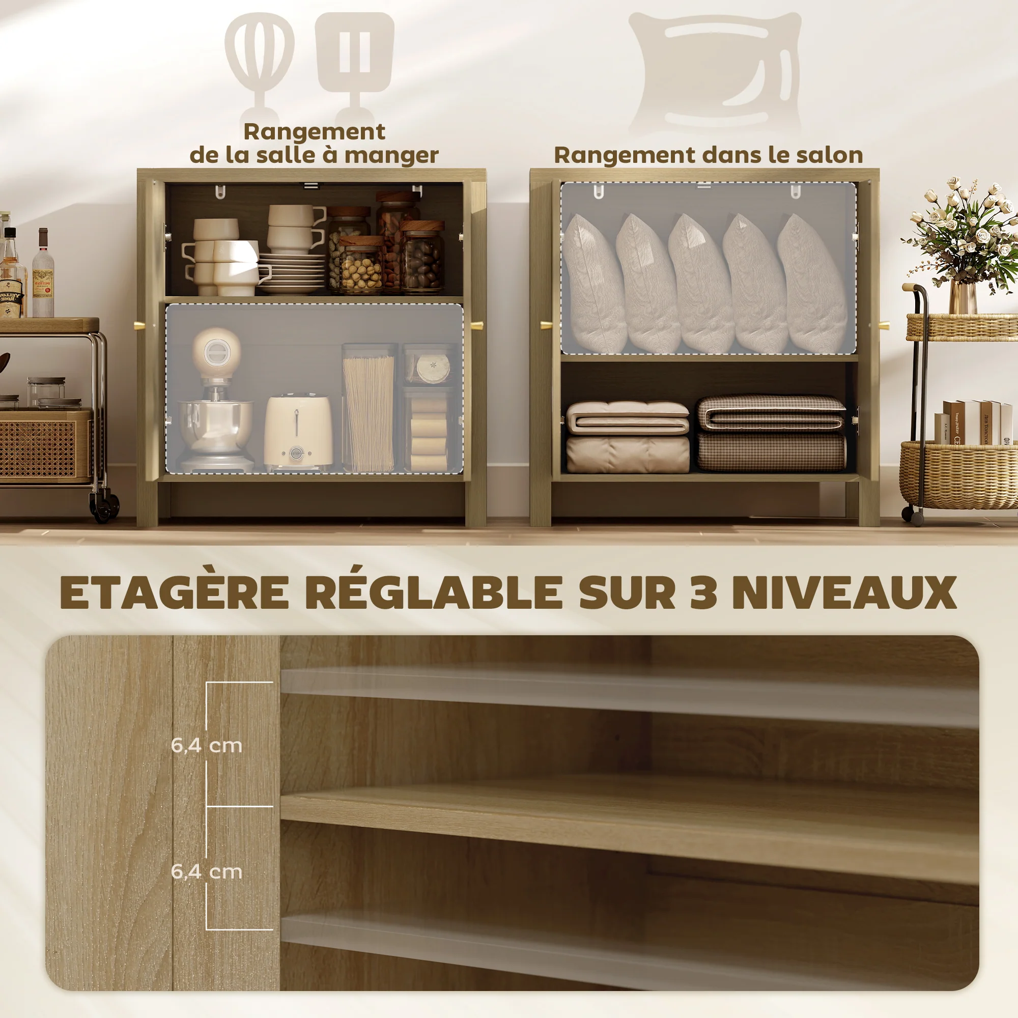 Buffet salon, meuble de rangement avec 2 portes effet rotin et étagère réglable, style bohème, pour salle à manger et cuisine, 75 x 38 x 77 cm, bois naturel - Image 6