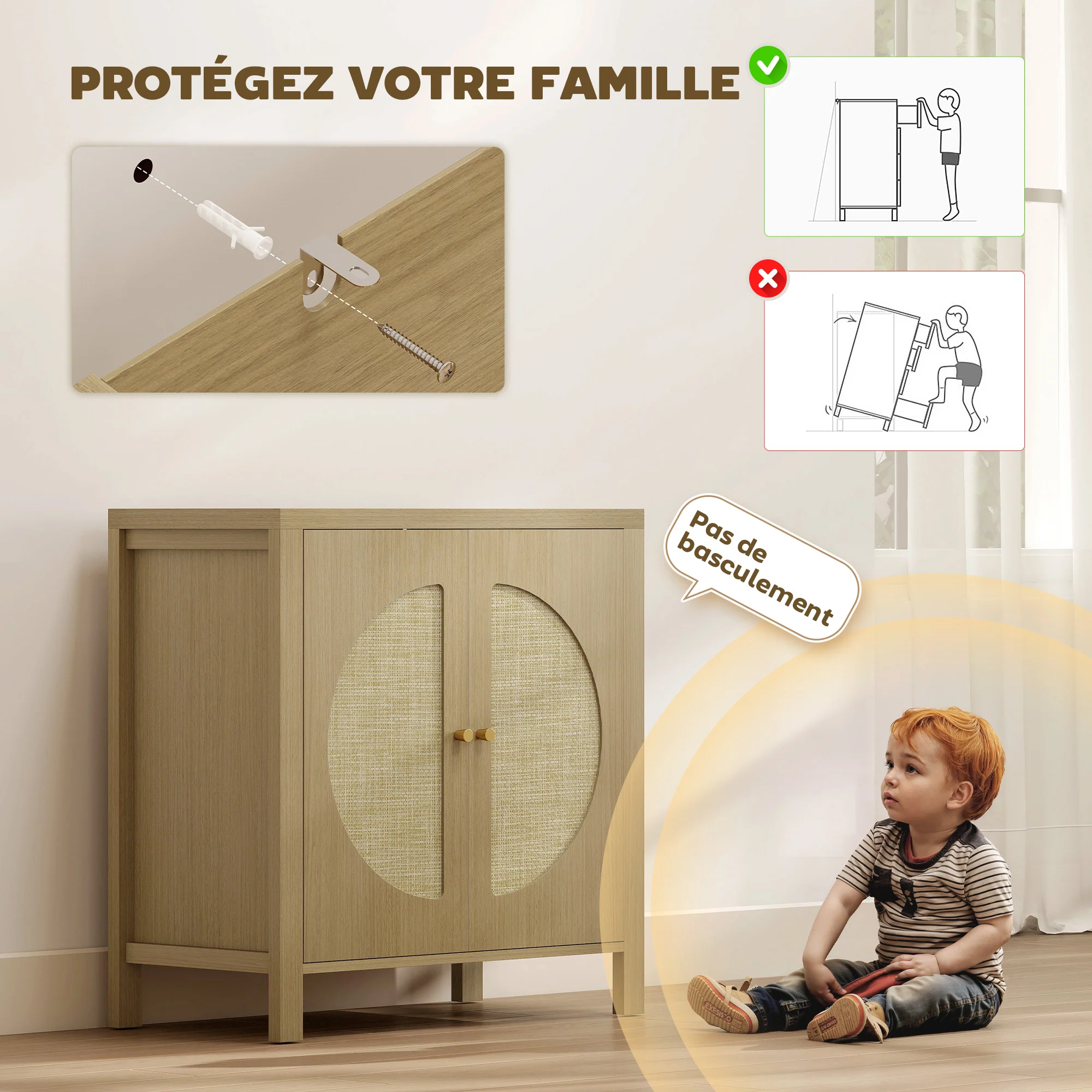 Buffet salon, meuble de rangement avec 2 portes effet rotin et étagère réglable, style bohème, pour salle à manger et cuisine, 75 x 38 x 77 cm, bois naturel - Image 7