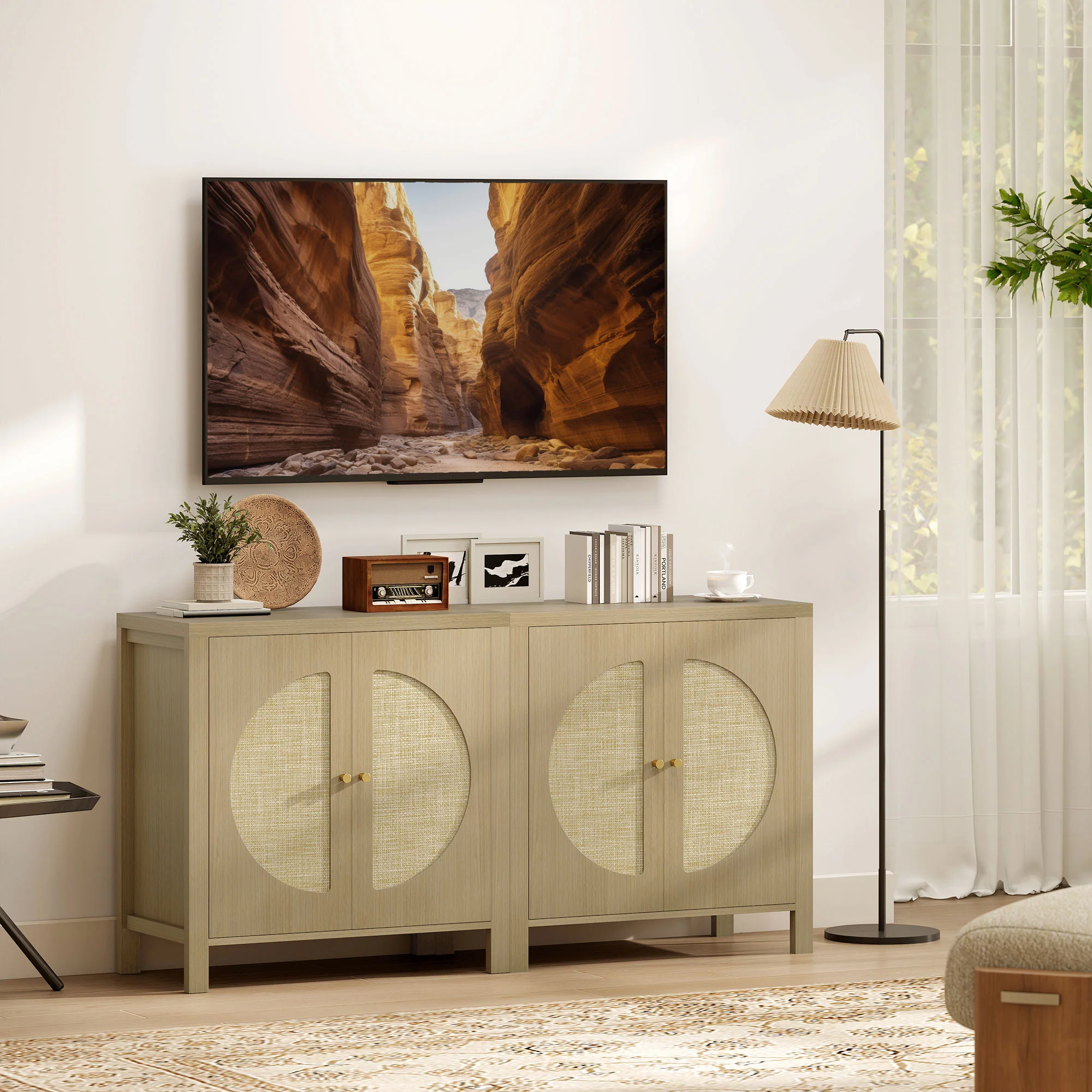 Buffet salon, meuble de rangement avec 2 portes effet rotin et étagère réglable, style bohème, pour salle à manger et cuisine, 75 x 38 x 77 cm, bois naturel - Image 8