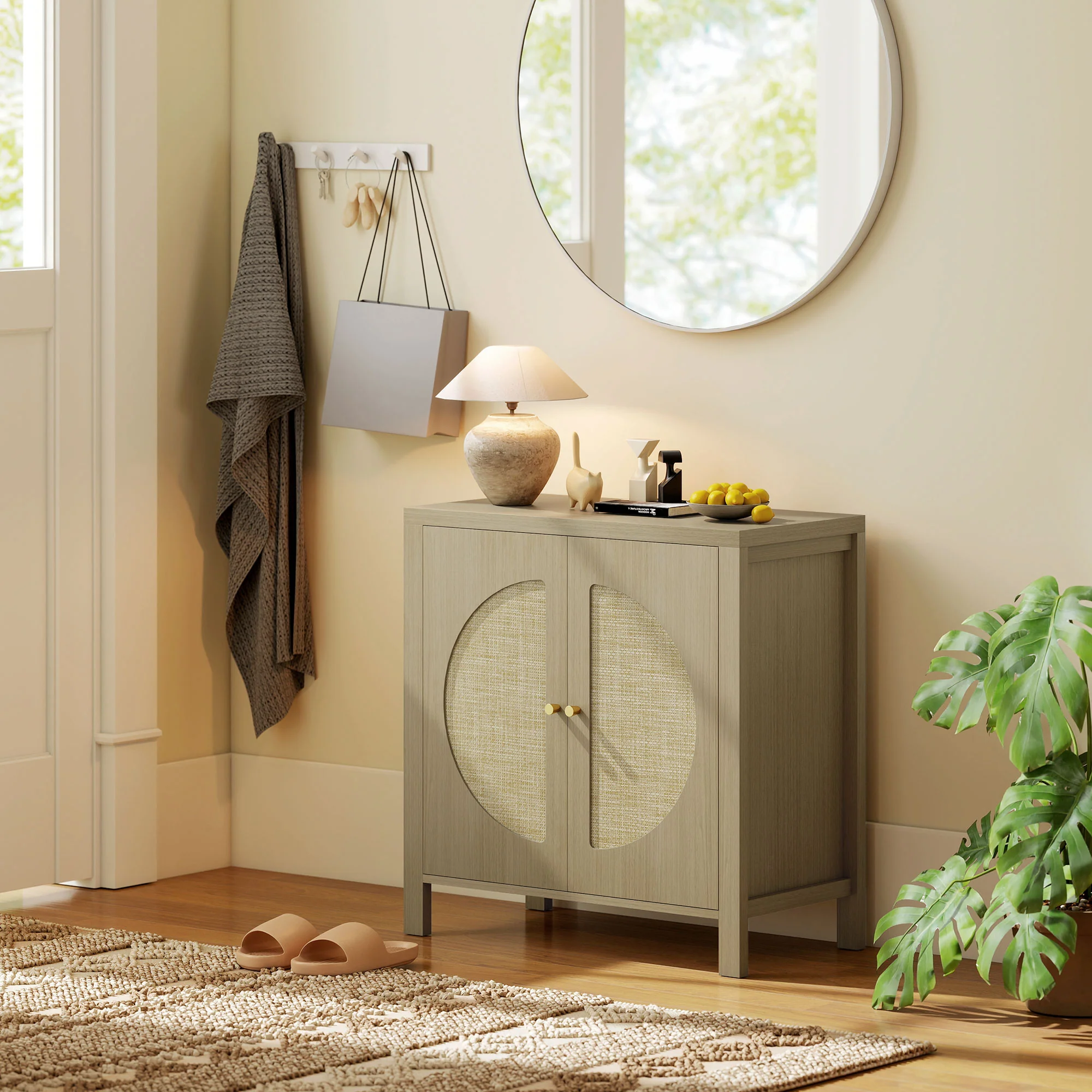 Buffet salon, meuble de rangement avec 2 portes effet rotin et étagère réglable, style bohème, pour salle à manger et cuisine, 75 x 38 x 77 cm, bois naturel - Image 9