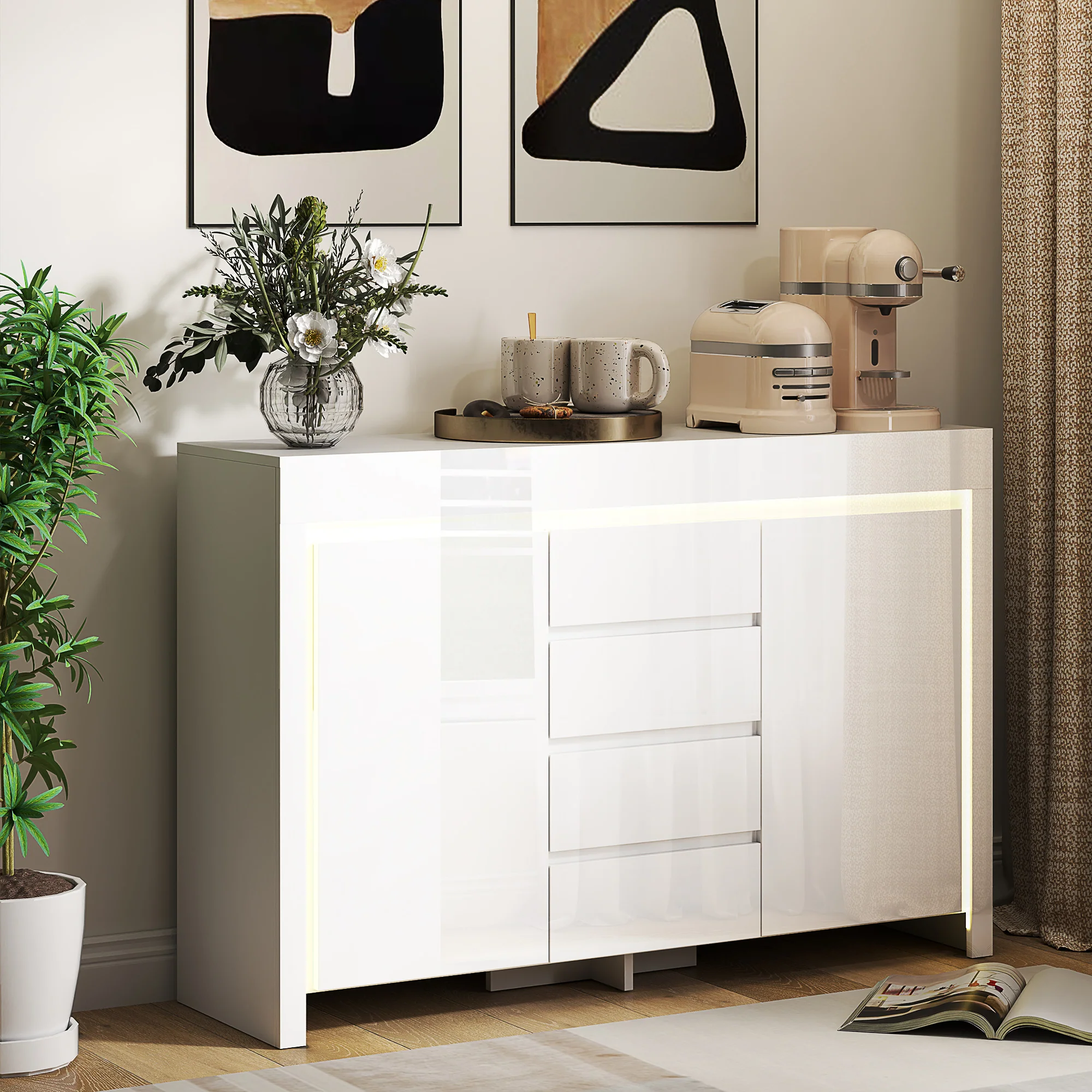 Buffet salon, meuble de rangement avec éclairage LED 4 tiroirs portes à fermeture douce et étagères réglables, style moderne, buffet salle à manger et cuisine, 120 x 34 x 80 cm, blanc brillant - Image 3