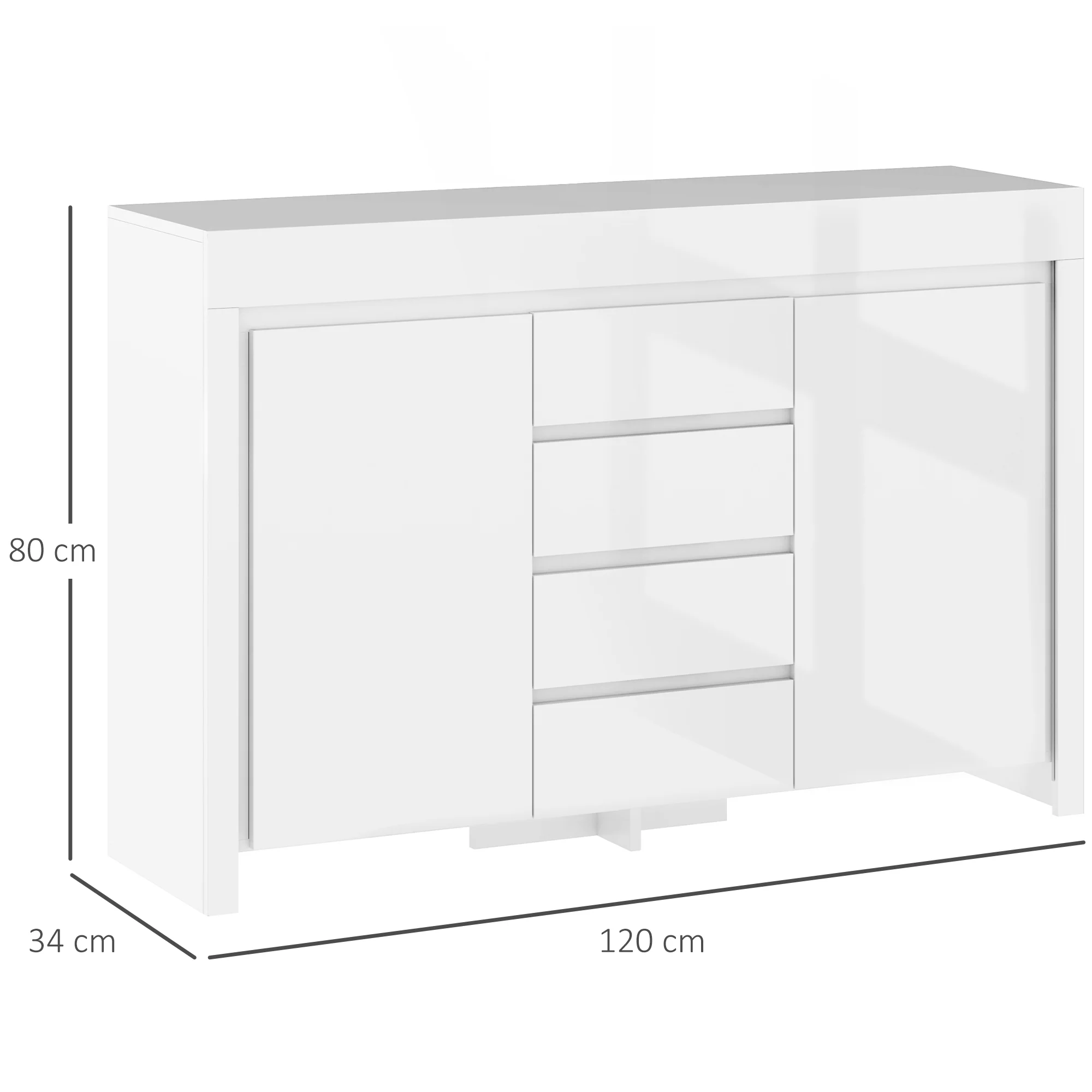 Buffet salon, meuble de rangement avec éclairage LED 4 tiroirs portes à fermeture douce et étagères réglables, style moderne, buffet salle à manger et cuisine, 120 x 34 x 80 cm, blanc brillant - Image 4