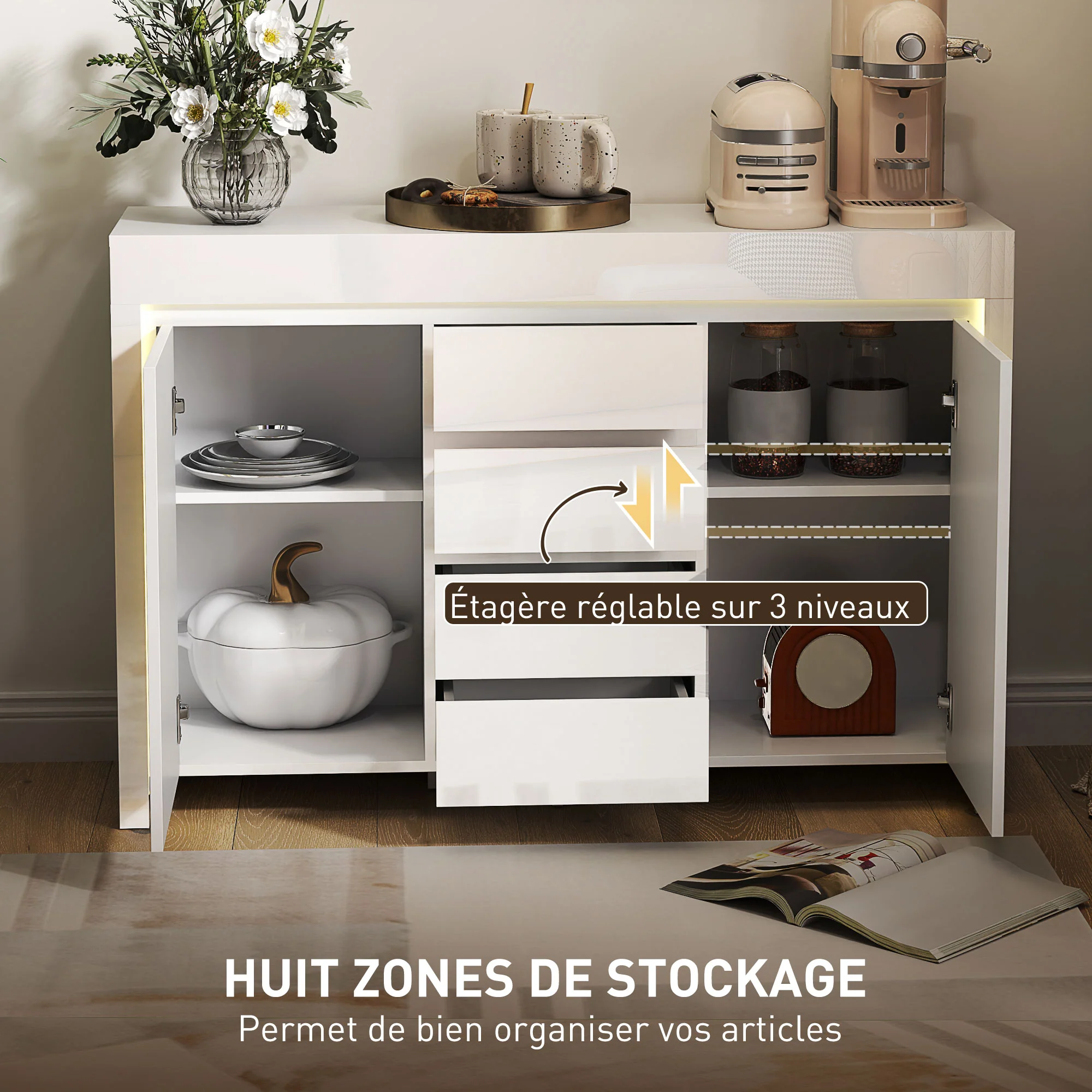 Buffet salon, meuble de rangement avec éclairage LED 4 tiroirs portes à fermeture douce et étagères réglables, style moderne, buffet salle à manger et cuisine, 120 x 34 x 80 cm, blanc brillant - Image 7