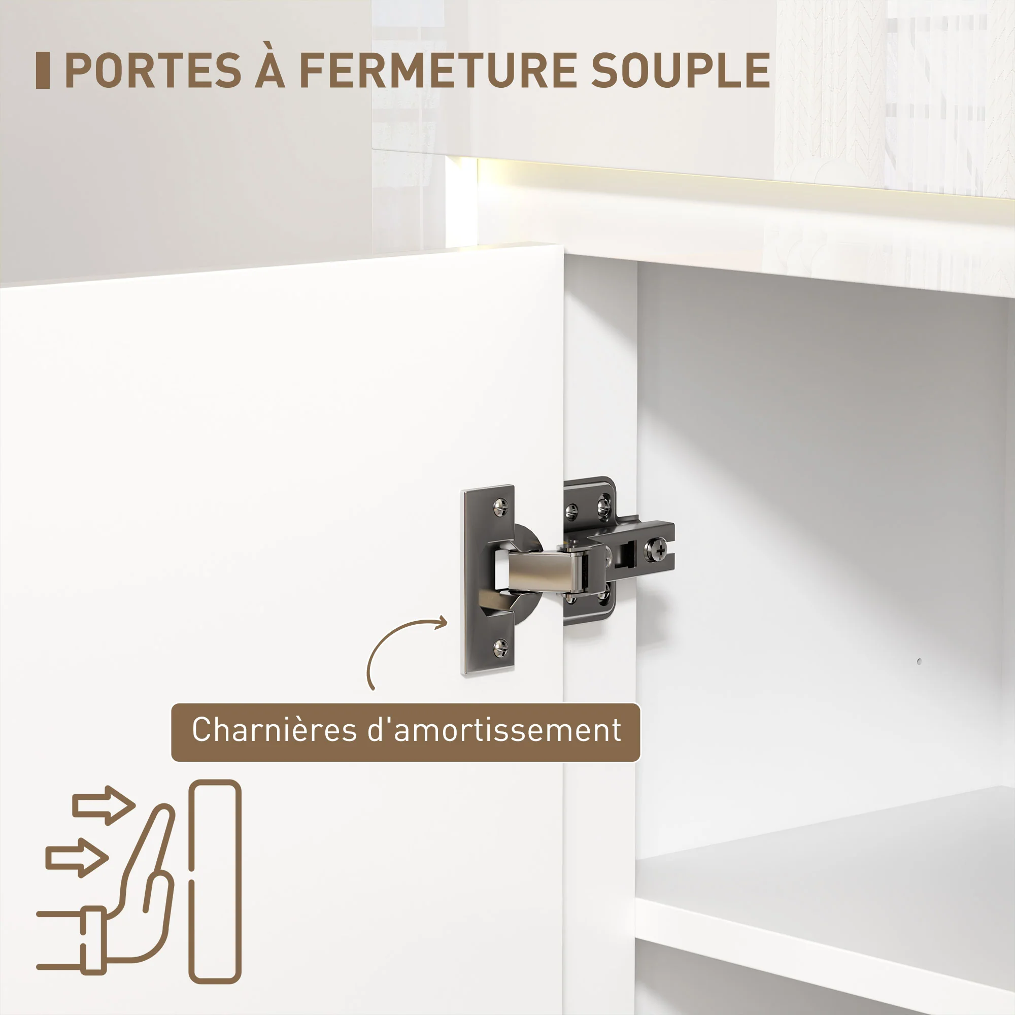 Buffet salon, meuble de rangement avec éclairage LED 4 tiroirs portes à fermeture douce et étagères réglables, style moderne, buffet salle à manger et cuisine, 120 x 34 x 80 cm, blanc brillant - Image 9