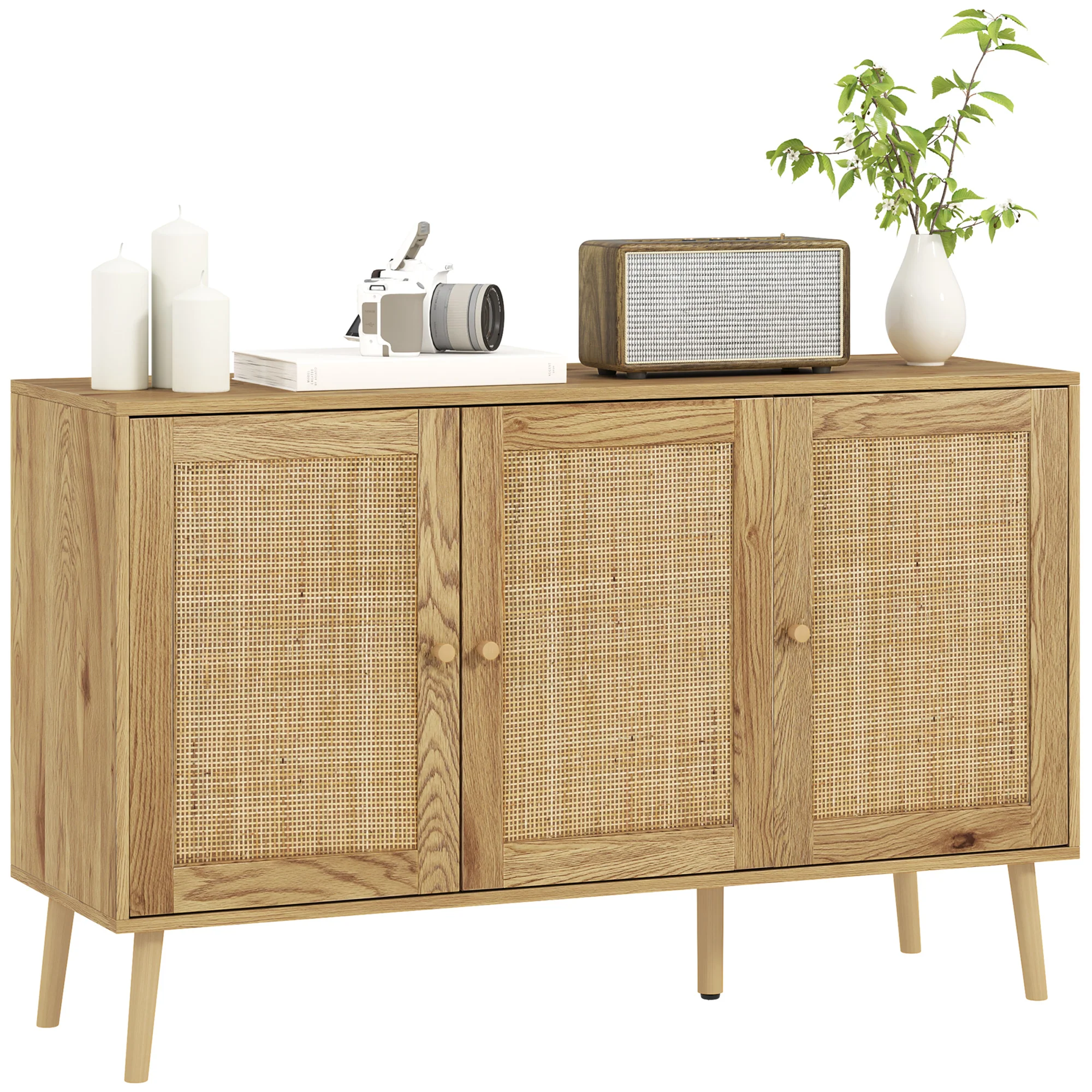 Buffet salon meuble de rangement avec placards à portes en rotin et étagère réglable, pour salon, salle à manger, dim. 120 x 40 x 75 cm, bois naturel - Image 11
