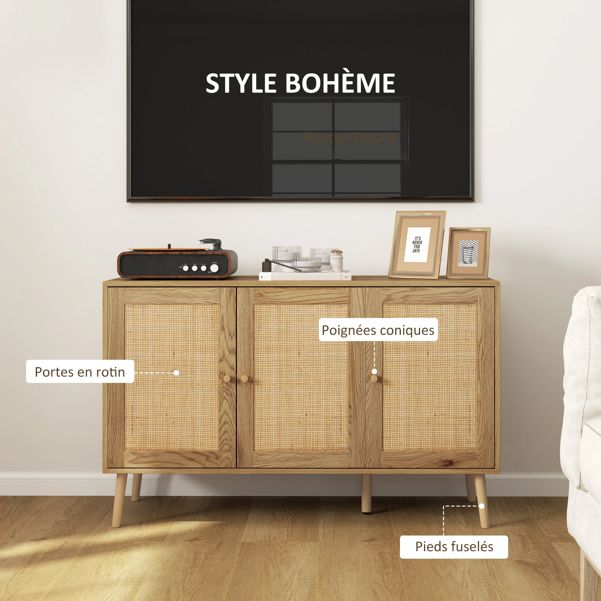 Buffet salon meuble de rangement avec placards à portes en rotin et étagère réglable, pour salon, salle à manger, dim. 120 x 40 x 75 cm, bois naturel - Image 6