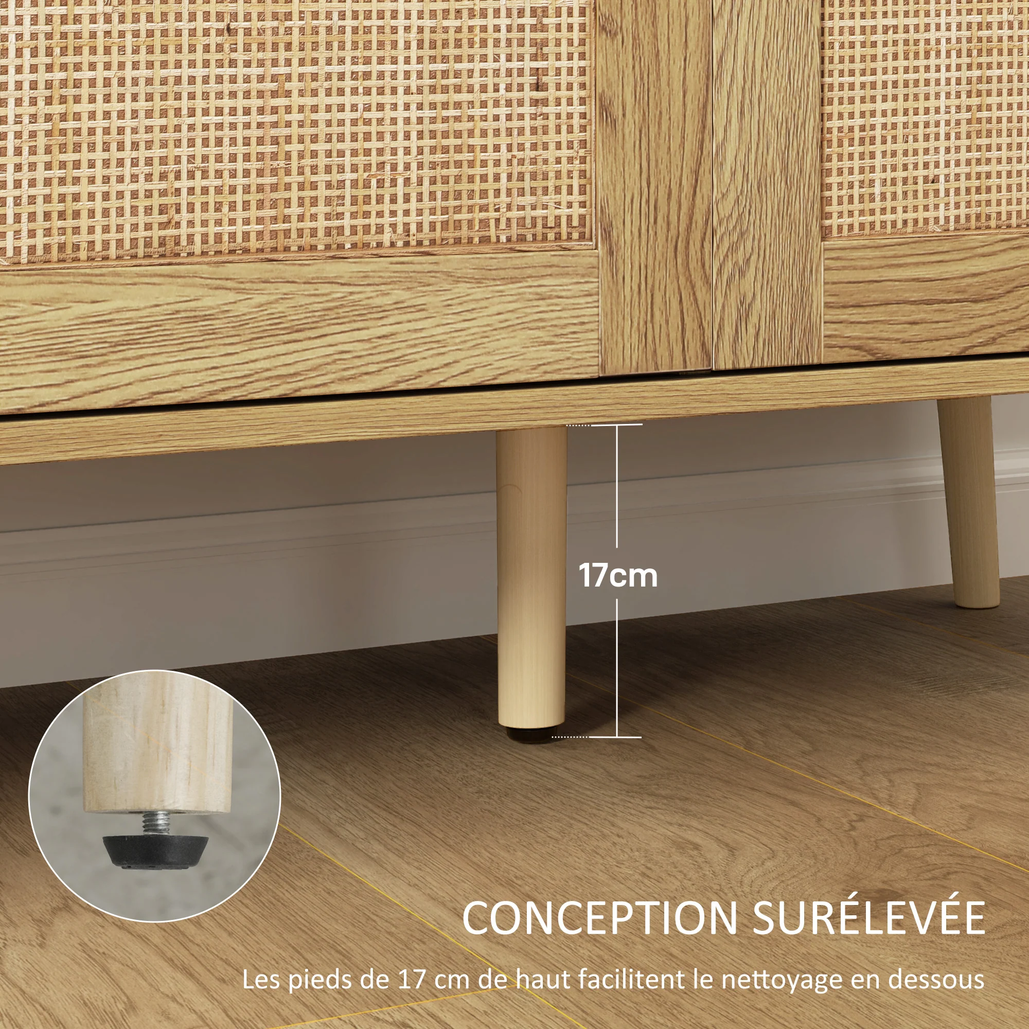 Buffet salon meuble de rangement avec placards à portes en rotin et étagère réglable, pour salon, salle à manger, dim. 120 x 40 x 75 cm, bois naturel - Image 8