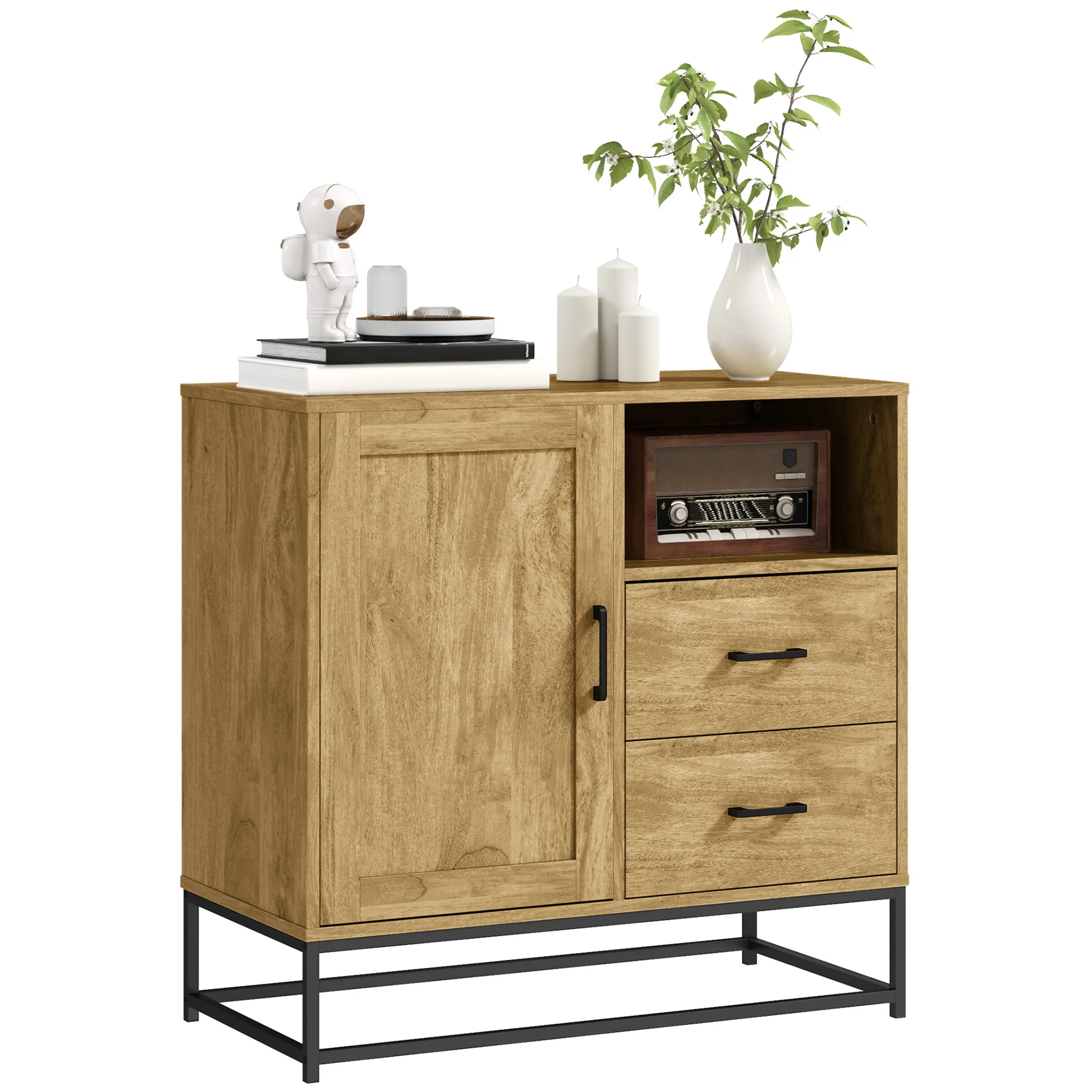 Buffet salon meuble de rangement style moderne avec 2 tiroirs, compartiment ouvert et étagère réglable - buffet salle à manger, cuisine et salon, 80 x 40 x 78 cm, bois naturel - Image 11