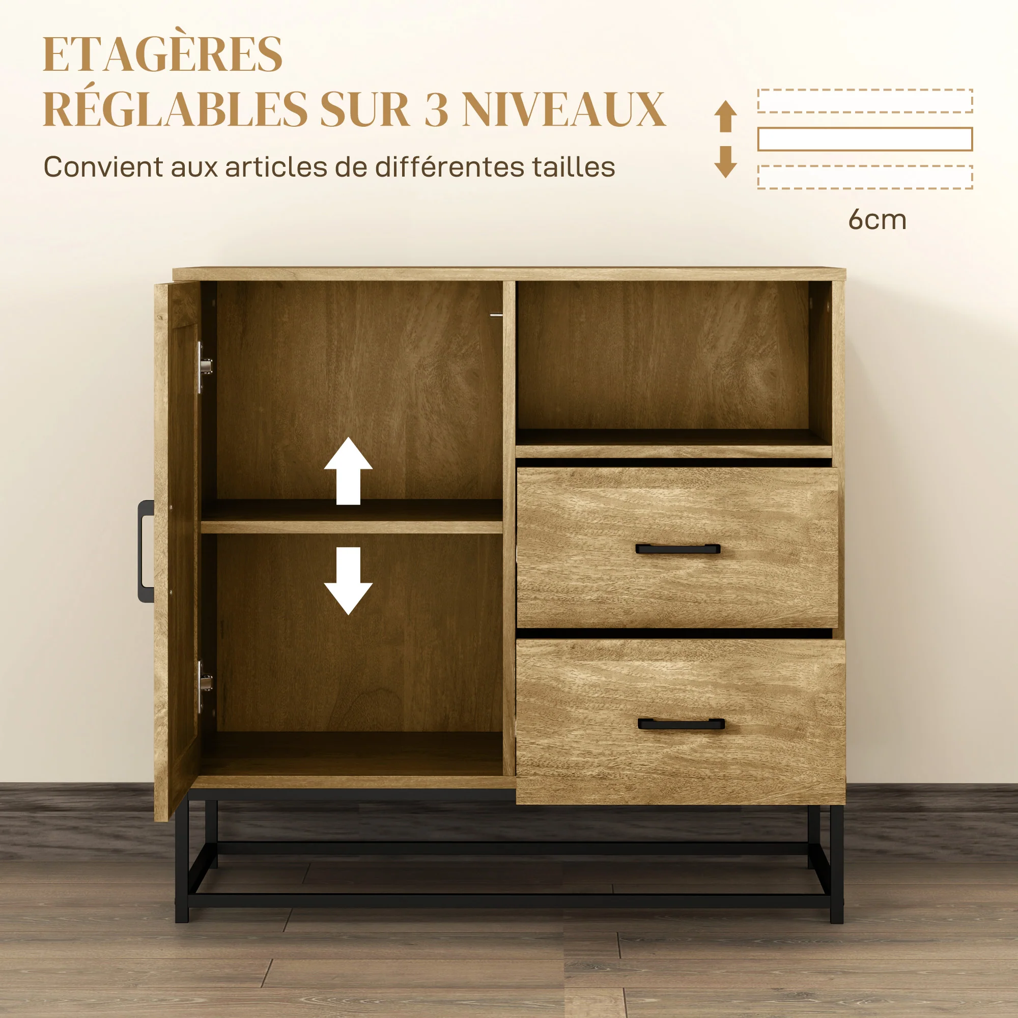 Buffet salon meuble de rangement style moderne avec 2 tiroirs, compartiment ouvert et étagère réglable - buffet salle à manger, cuisine et salon, 80 x 40 x 78 cm, bois naturel - Image 6