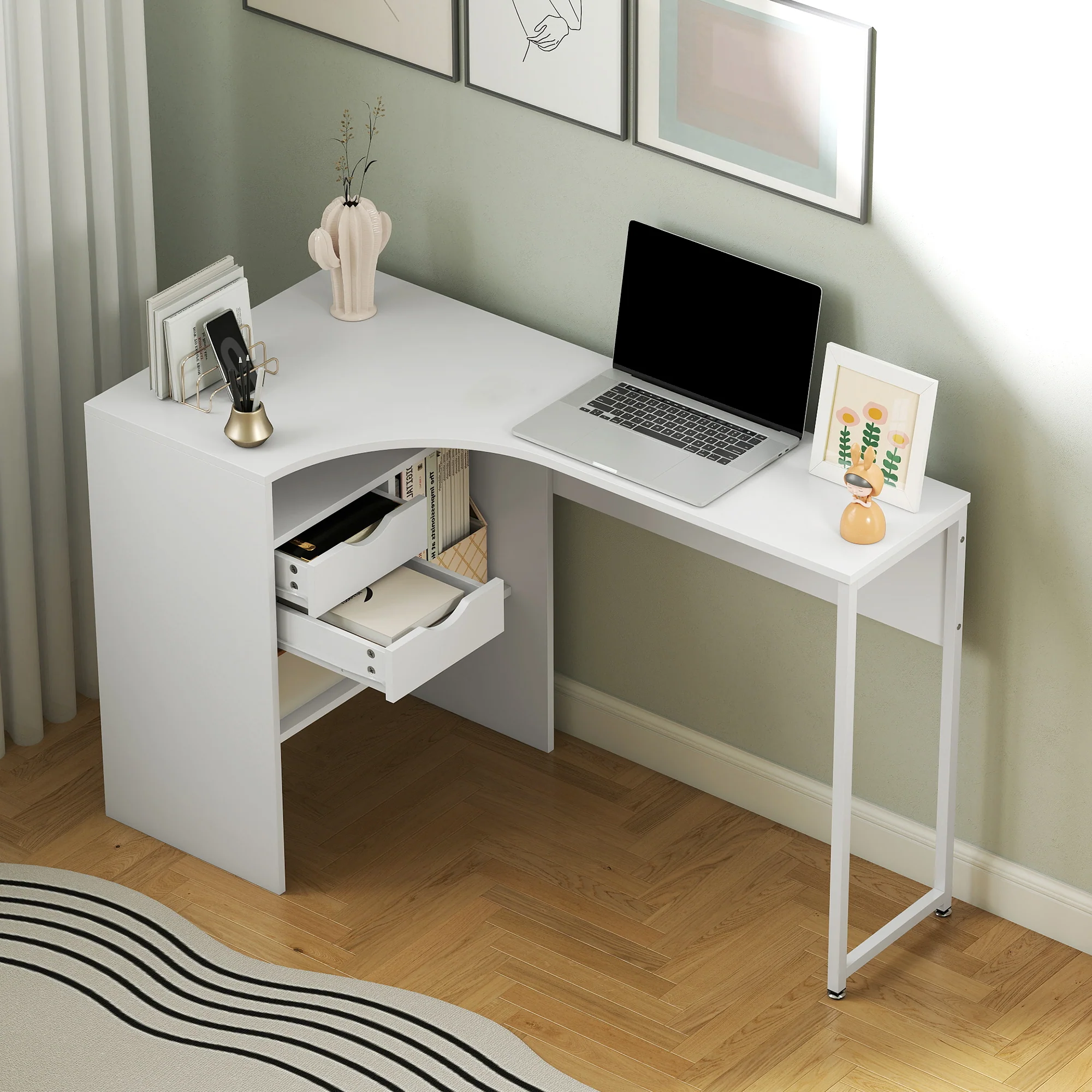 Bureau d'angle avec 2 tiroirs, 120 x 60 cm, bureau en L avec 3 compartiments ouverts, table informatique pour étudier, travailler, chambre, maison, blanc - Image 10