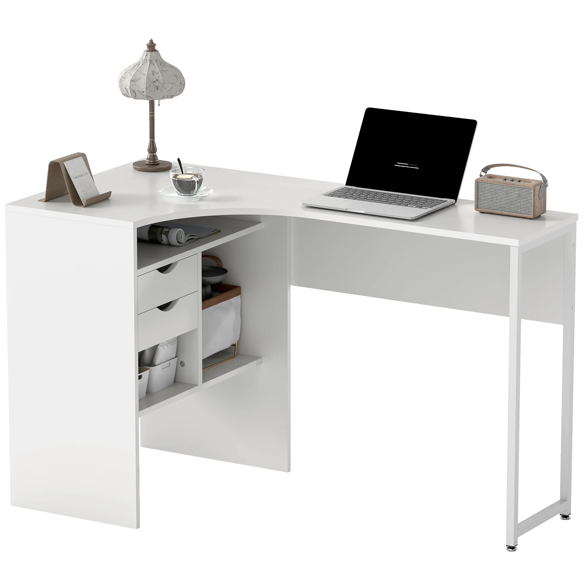Bureau d'angle avec 2 tiroirs, 120 x 60 cm, bureau en L avec 3 compartiments ouverts, table informatique pour étudier, travailler, chambre, maison, blanc - Image 11