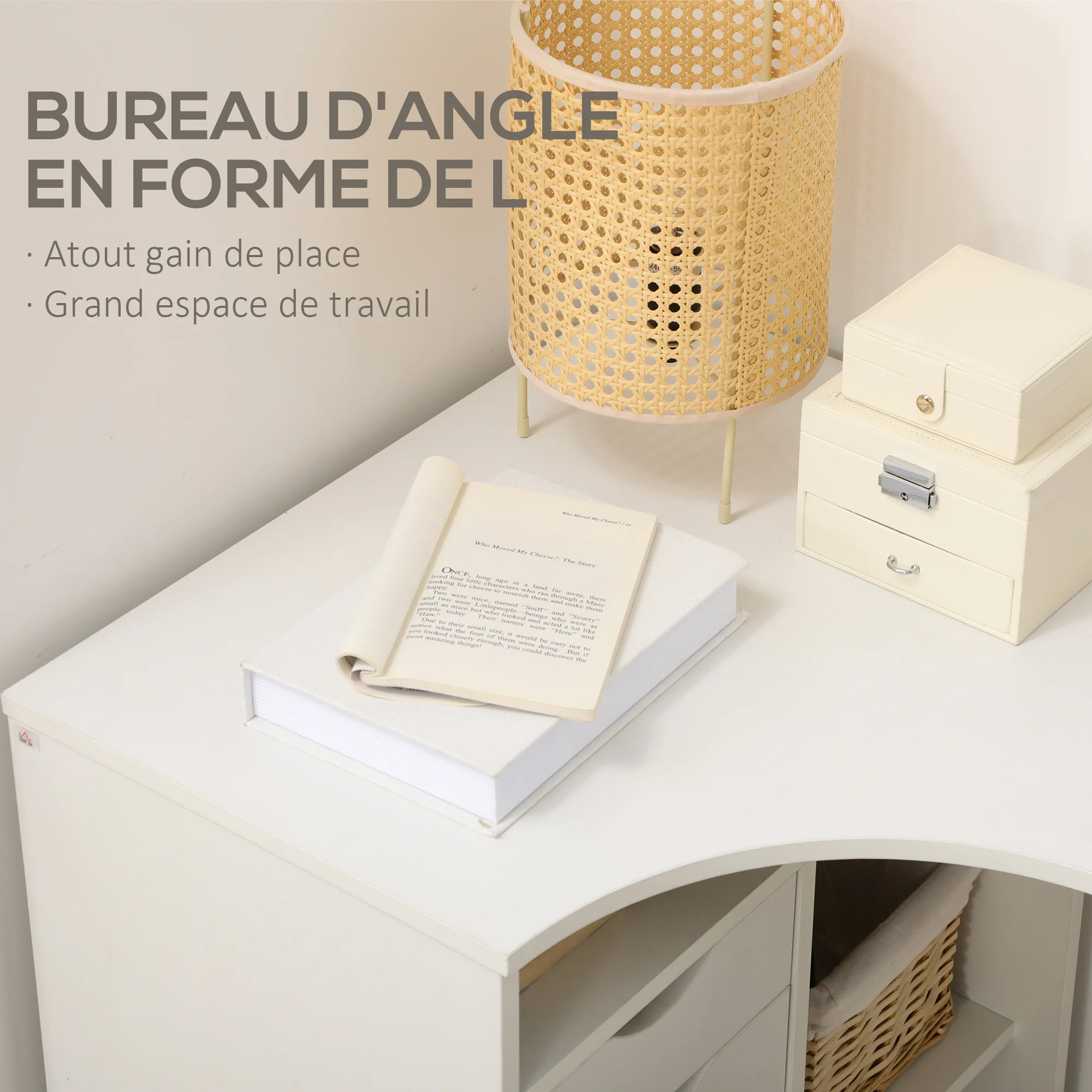 Bureau d'angle avec 2 tiroirs, 120 x 60 cm, bureau en L avec 3 compartiments ouverts, table informatique pour étudier, travailler, chambre, maison, blanc - Image 6