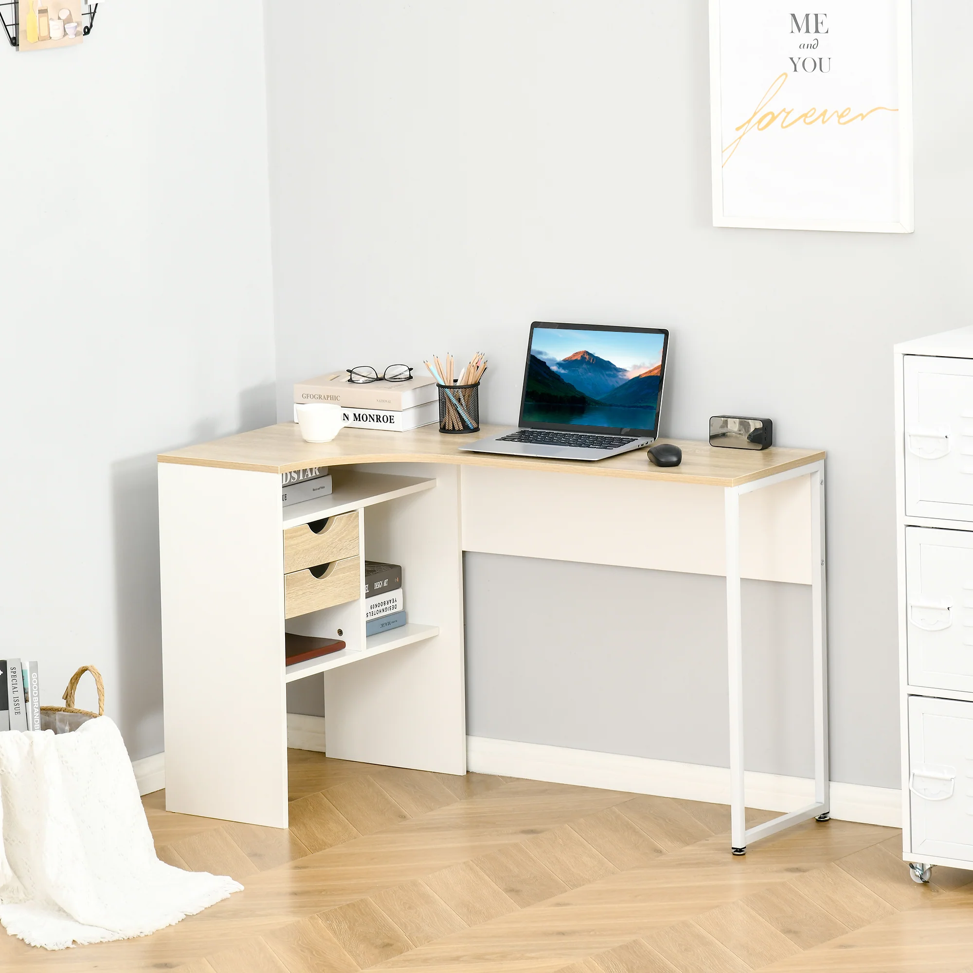 Bureau d'angle avec 2 tiroirs, 120 x 60 cm, bureau en L avec 3 compartiments ouverts, table informatique pour étudier, travailler, chambre, maison, aspect chêne clair - Image 3