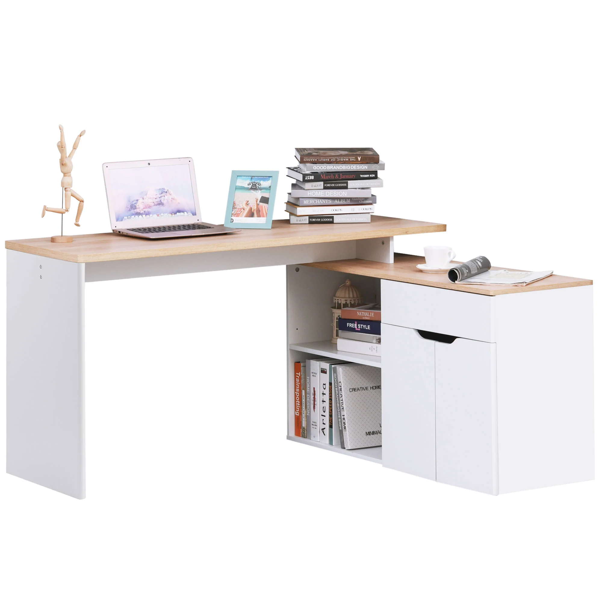 Bureau d'angle Bureau Informatique multimédia modulable Multi-rangements Double Niche + tiroir et Placard en Bois Clair Blanc - Image 11