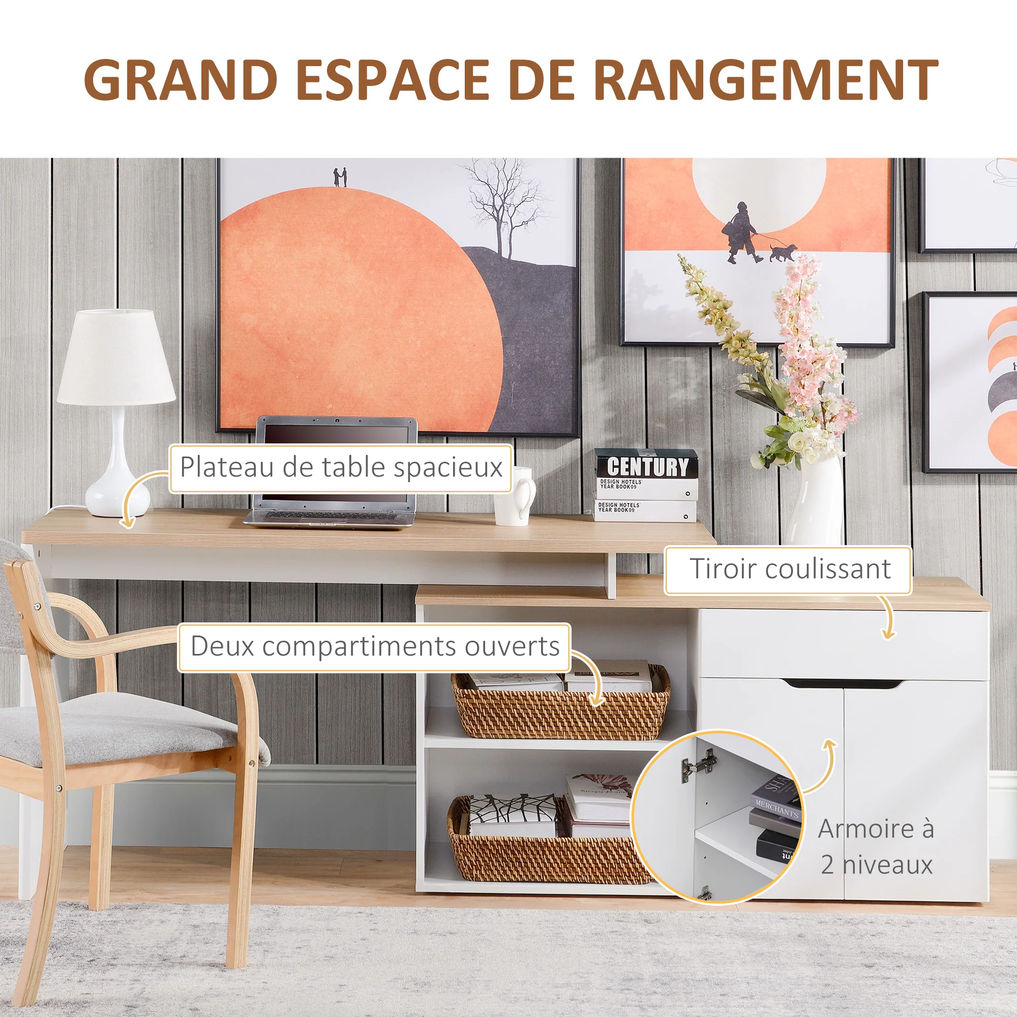 Bureau d'angle Bureau Informatique multimédia modulable Multi-rangements Double Niche + tiroir et Placard en Bois Clair Blanc - Image 6
