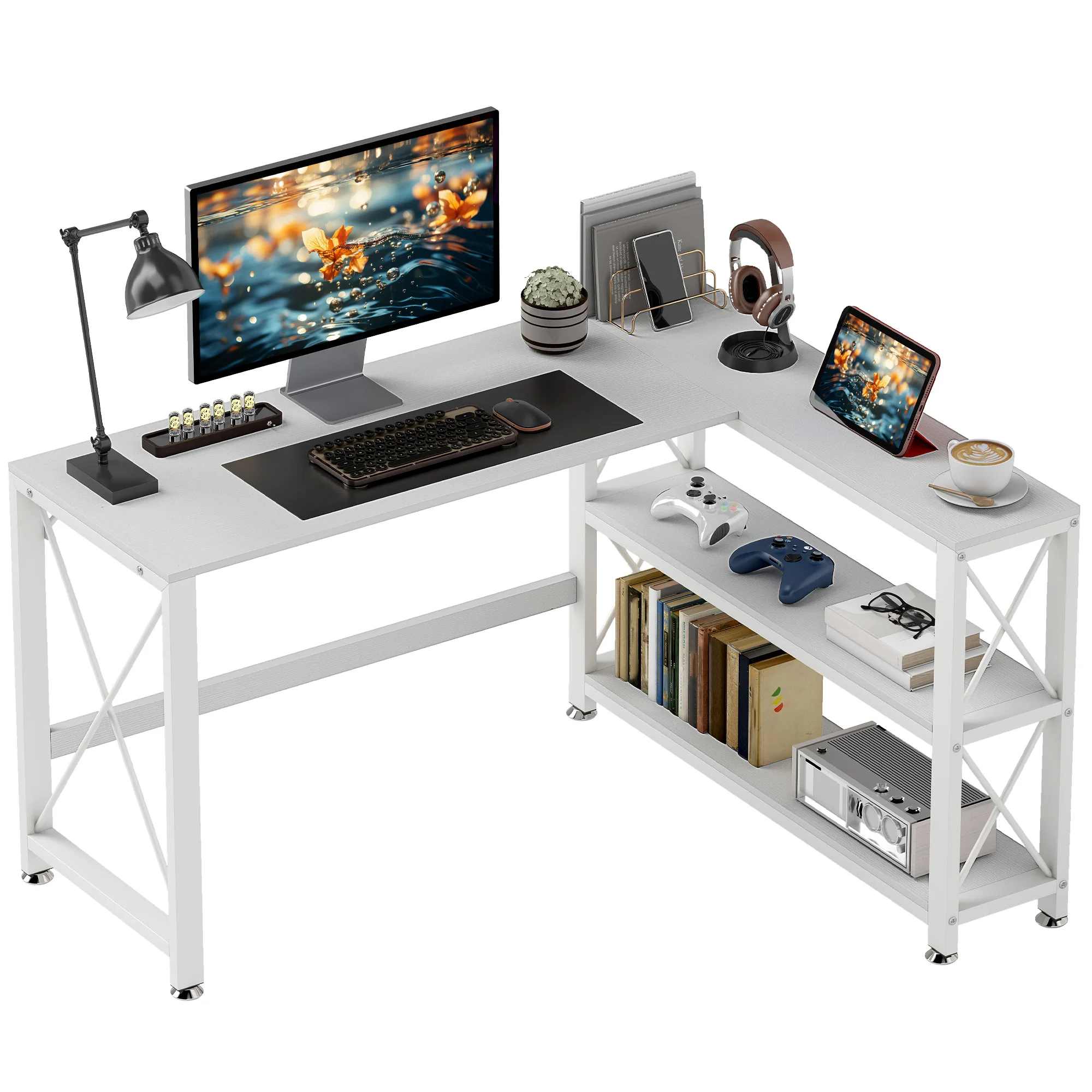 Bureau d'angle modulable réversible, bureau avec rangement style moderne avec étagère de rangement, cadre en métal, table d'ordinateur pour petits espaces, salon, 135 x 110 x 75 cm, blanc - Image 11