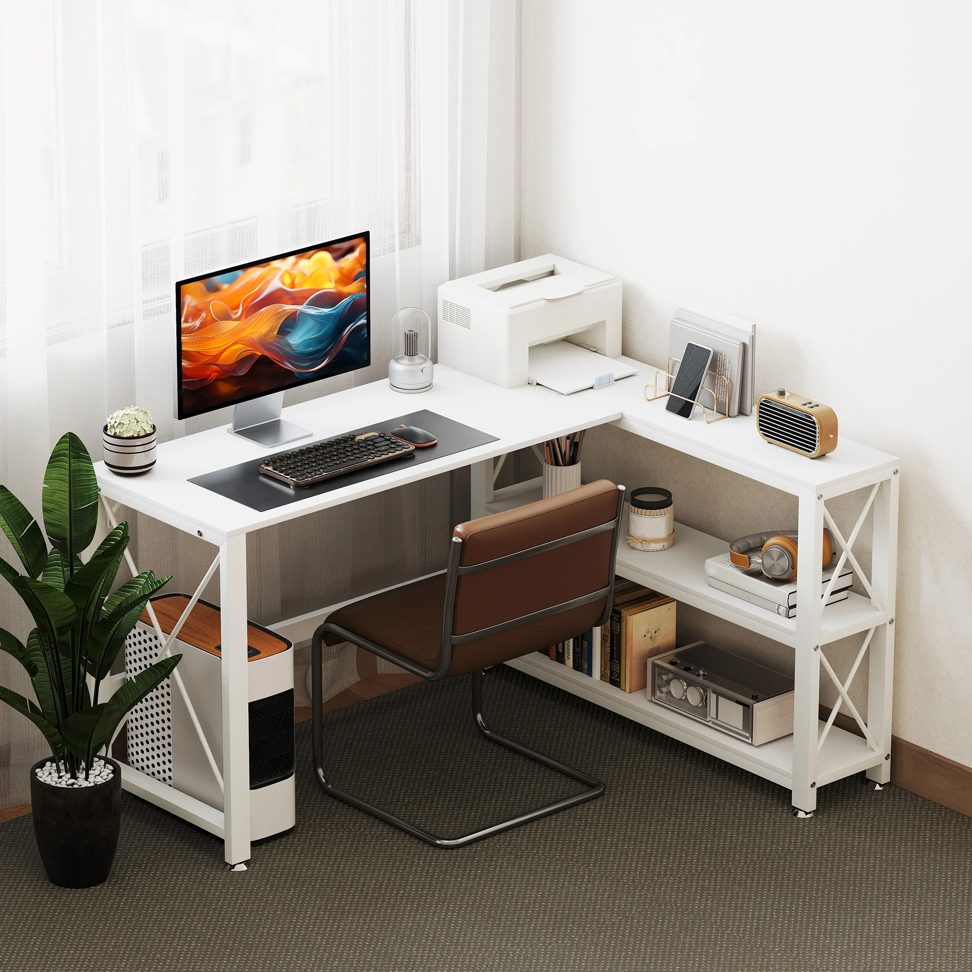 Bureau d'angle modulable réversible, bureau avec rangement style moderne avec étagère de rangement, cadre en métal, table d'ordinateur pour petits espaces, salon, 135 x 110 x 75 cm, blanc - Image 3