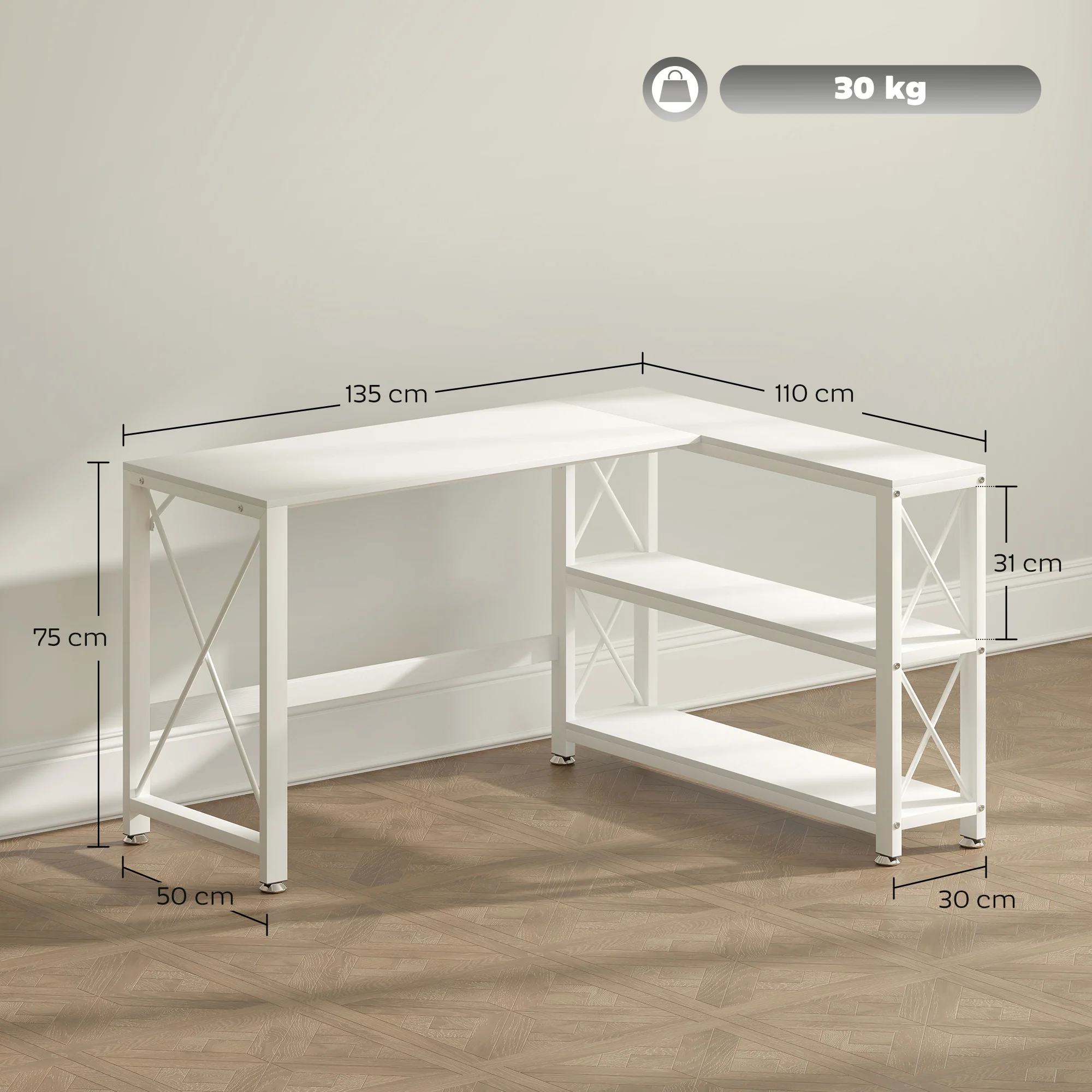 Bureau d'angle modulable réversible, bureau avec rangement style moderne avec étagère de rangement, cadre en métal, table d'ordinateur pour petits espaces, salon, 135 x 110 x 75 cm, blanc - Image 4