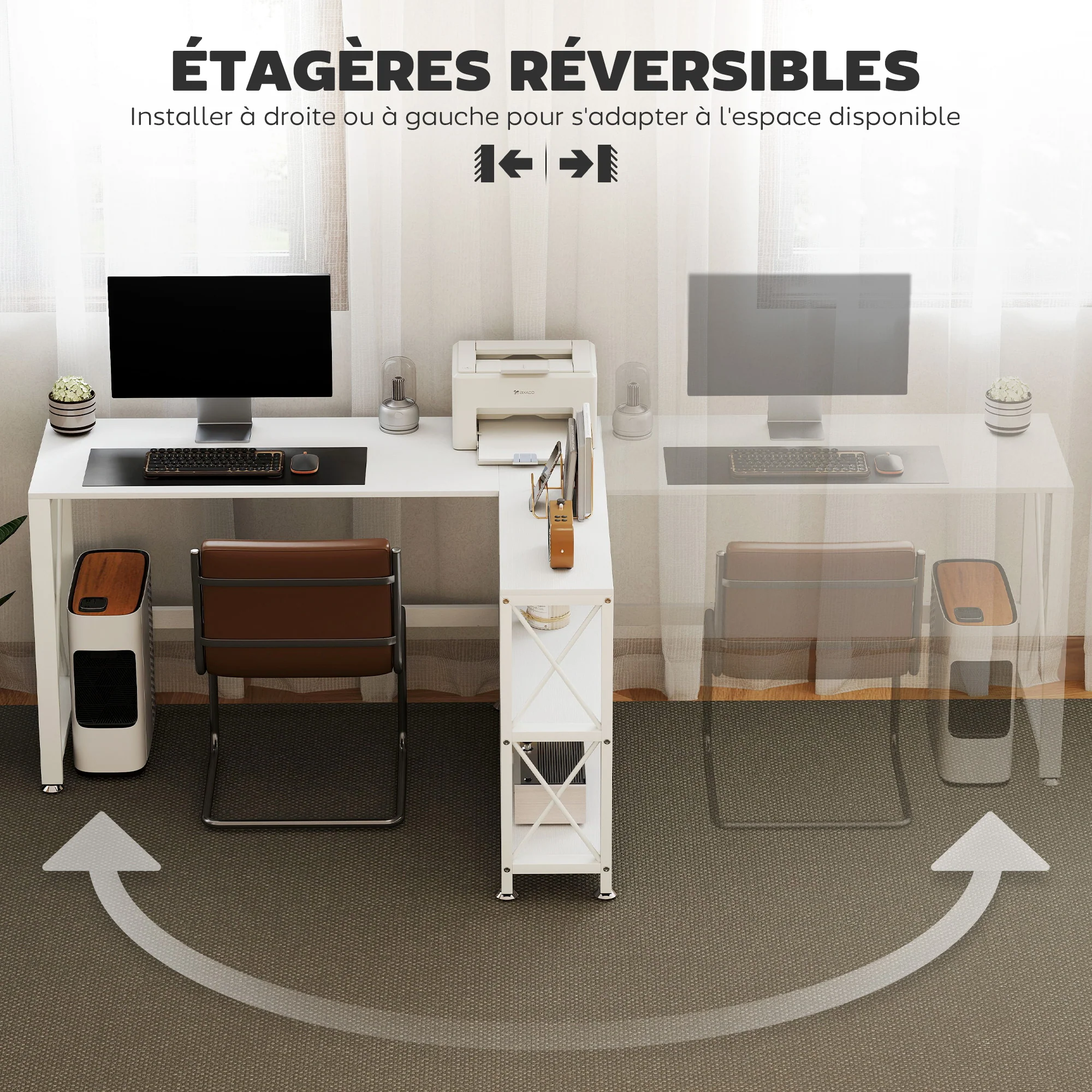 Bureau d'angle modulable réversible, bureau avec rangement style moderne avec étagère de rangement, cadre en métal, table d'ordinateur pour petits espaces, salon, 135 x 110 x 75 cm, blanc - Image 5