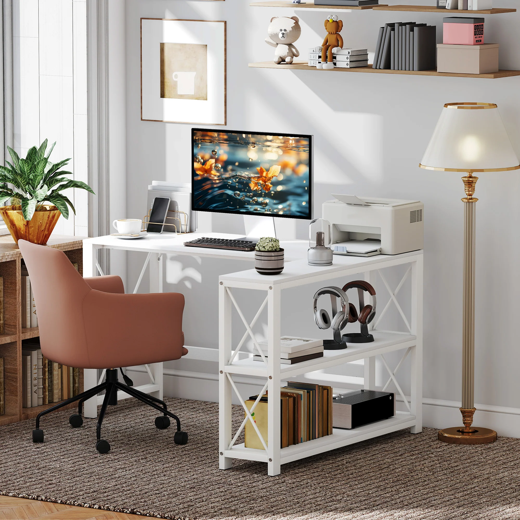 Bureau d'angle modulable réversible, bureau avec rangement style moderne avec étagère de rangement, cadre en métal, table d'ordinateur pour petits espaces, salon, 135 x 110 x 75 cm, blanc - Image 7