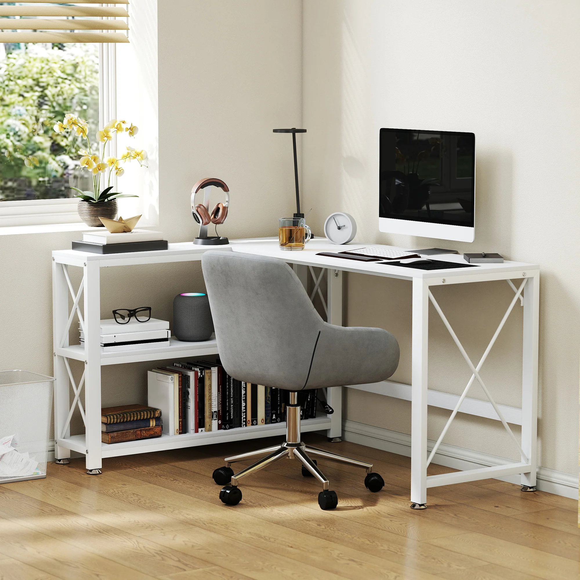 Bureau d'angle modulable réversible, bureau avec rangement style moderne avec étagère de rangement, cadre en métal, table d'ordinateur pour petits espaces, salon, 135 x 110 x 75 cm, blanc - Image 8