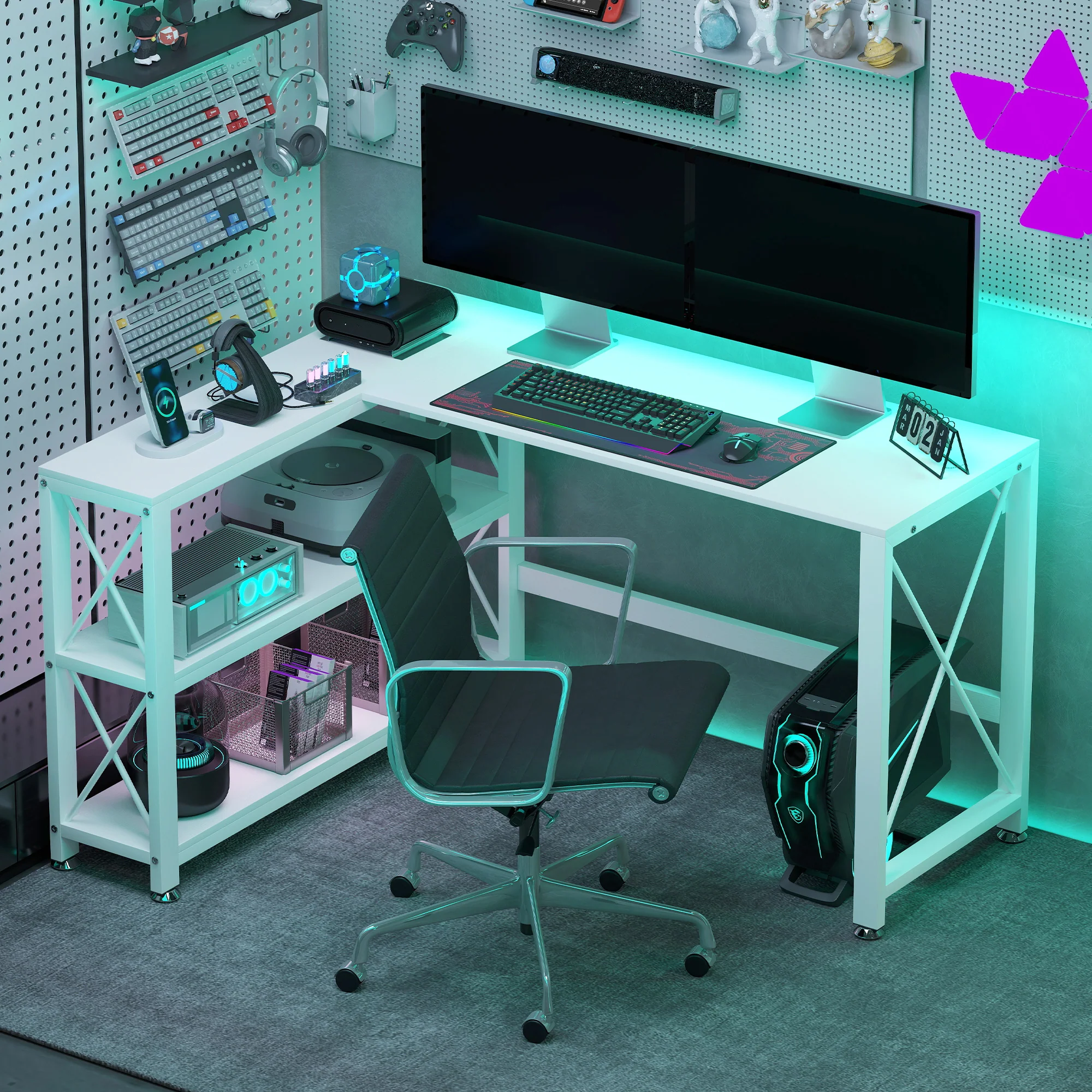 Bureau d'angle modulable réversible, bureau avec rangement style moderne avec étagère de rangement, cadre en métal, table d'ordinateur pour petits espaces, salon, 135 x 110 x 75 cm, blanc - Image 9