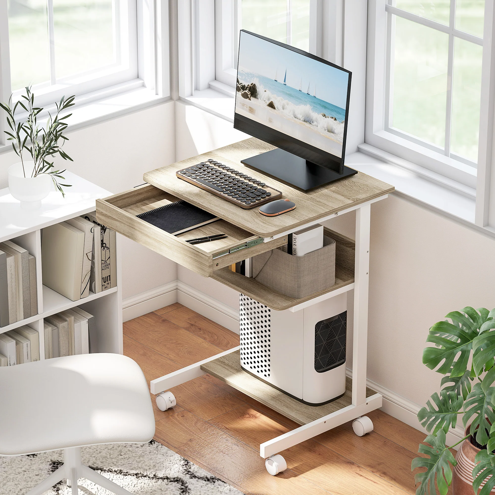 Bureau d'ordinateur sur roues, bureau avec rangement 56 x 51 cm avec tiroir, compartiment et support CPU, table informatique pour étudier pour petits espaces chambre, chêne - Image 3