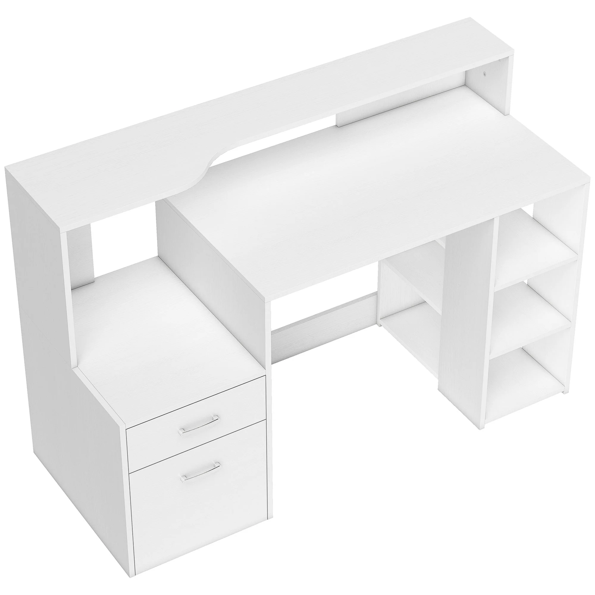 Bureau informatique avec 2 tiroirs, bureau avec rangement, 137 x 55 x 92 cm, étagères ouvertes et tablette d'imprimante, style moderne, table d'ordinateur pour chambre, studio, blanc - Image 2