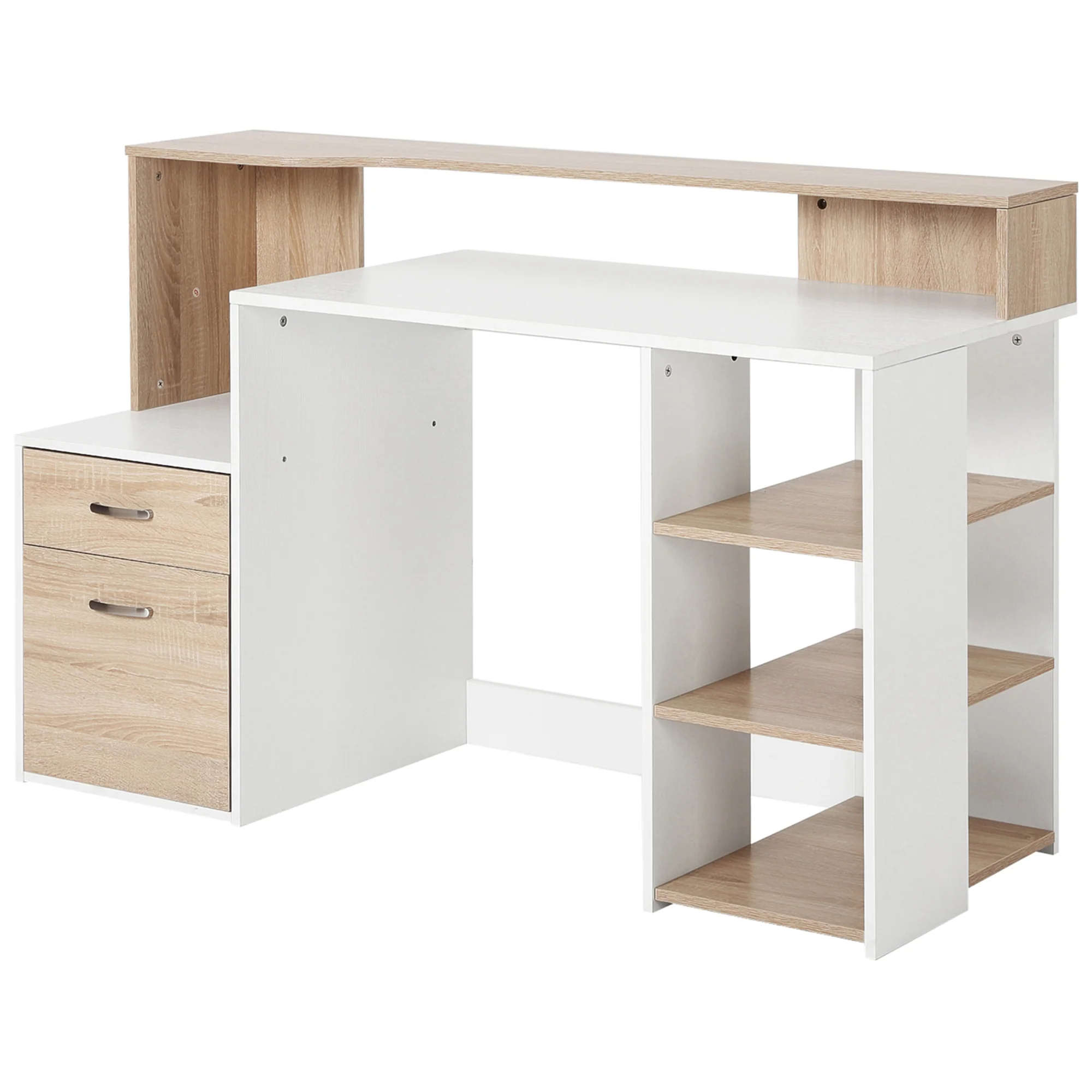 Bureau informatique avec 2 tiroirs, bureau avec rangement, 137 x 55 x 92 cm, étagères ouvertes et tablette d'imprimante, style moderne, table d'ordinateur pour chambre, studio, chêne - Image 2