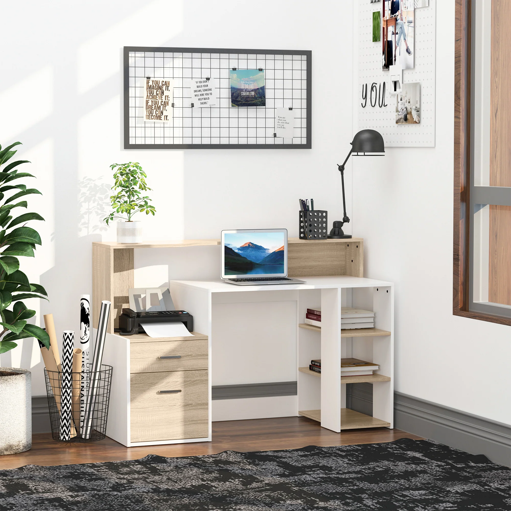Bureau informatique avec 2 tiroirs, bureau avec rangement, 137 x 55 x 92 cm, étagères ouvertes et tablette d'imprimante, style moderne, table d'ordinateur pour chambre, studio, chêne - Image 3