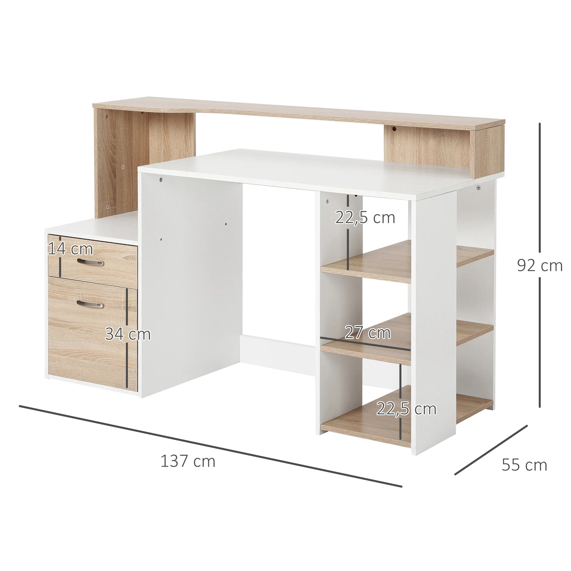 Bureau informatique avec 2 tiroirs, bureau avec rangement, 137 x 55 x 92 cm, étagères ouvertes et tablette d'imprimante, style moderne, table d'ordinateur pour chambre, studio, chêne - Image 4