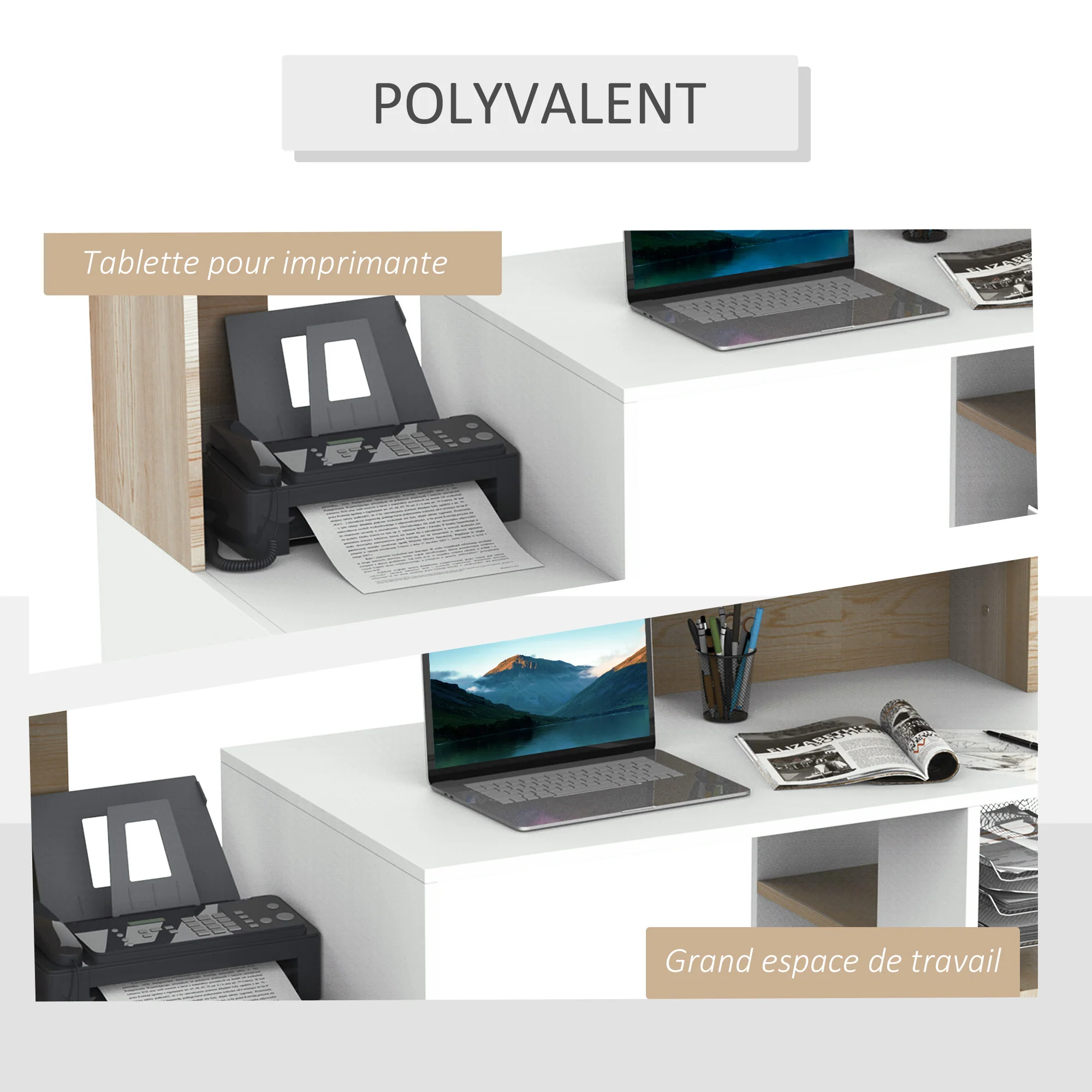 Bureau informatique avec 2 tiroirs, bureau avec rangement, 137 x 55 x 92 cm, étagères ouvertes et tablette d'imprimante, style moderne, table d'ordinateur pour chambre, studio, chêne - Image 5