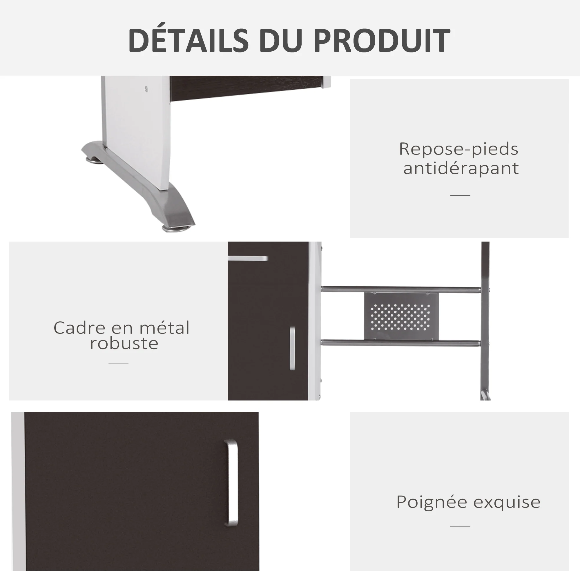 Bureau informatique design 100L x 52l x 75h cm brun noir et blanc - Image 6