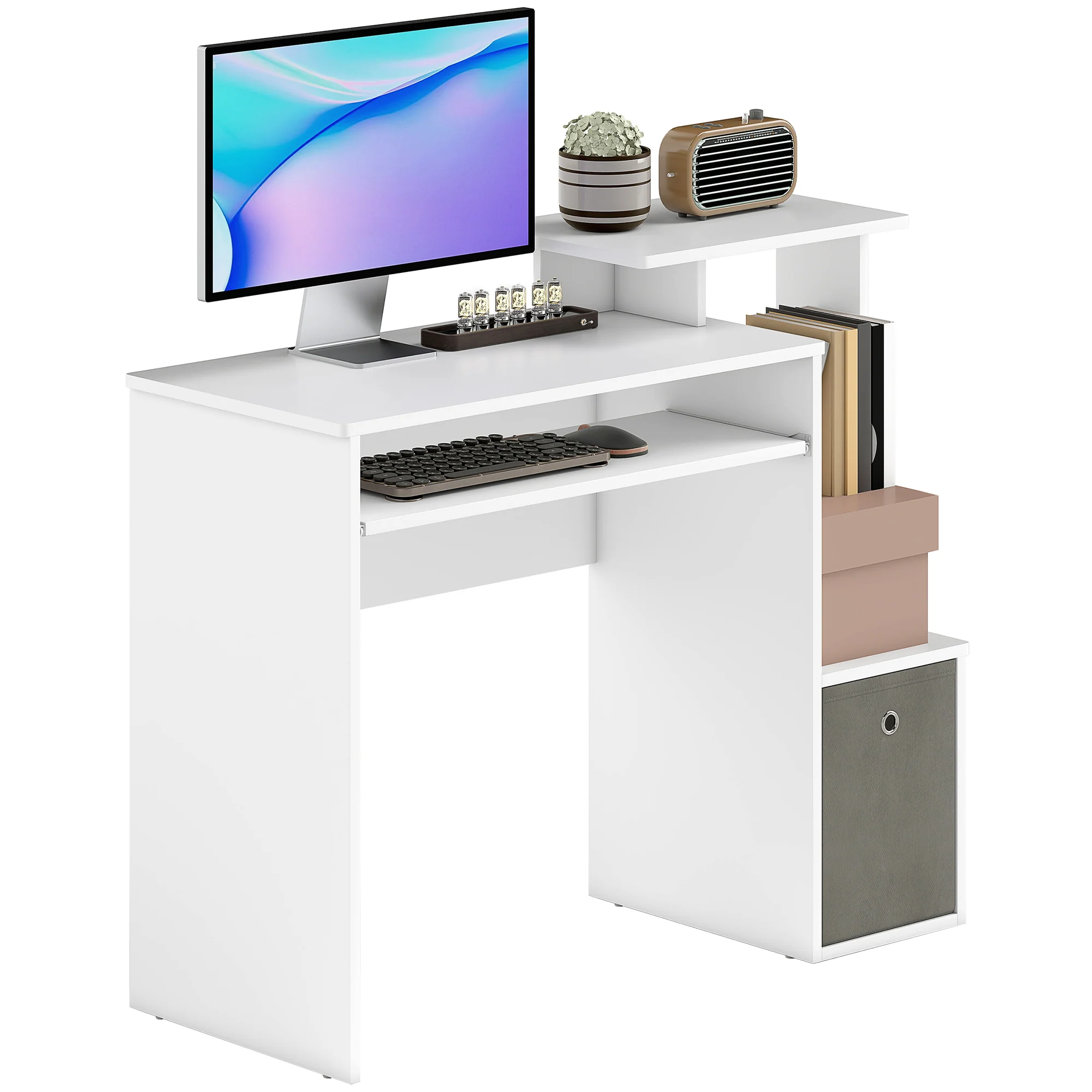 Bureau Informatique multimédia étagères Tablette Clavier Panier Gris Panneaux Particules Blanc - Image 11