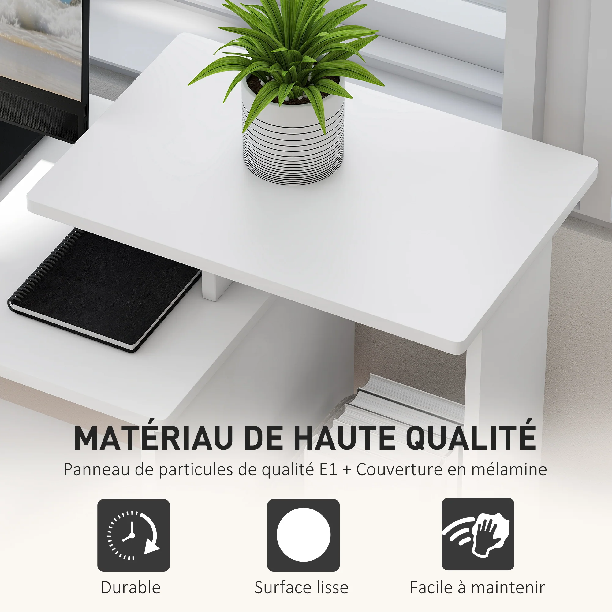 Bureau Informatique multimédia étagères Tablette Clavier Panier Gris Panneaux Particules Blanc - Image 6