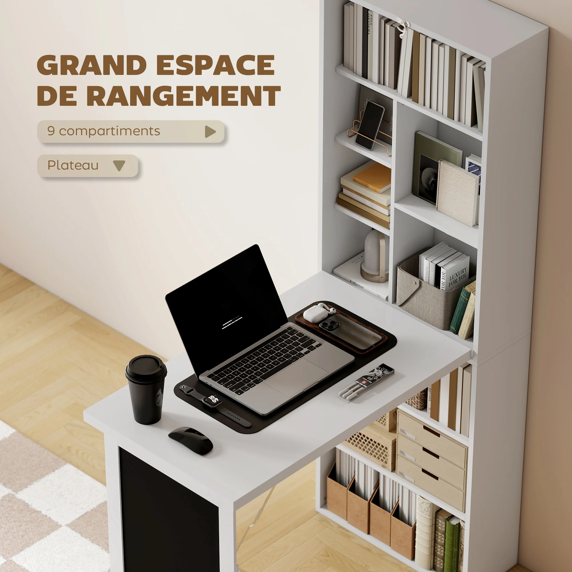 Bureau informatique pliable, bureau avec bibliothèque, poste de travail, tableau noir, 9 compartiments ouverts et étagère réglable, table d'ordinateur pour chambre, 98x51x153cm, blanc - Image 5