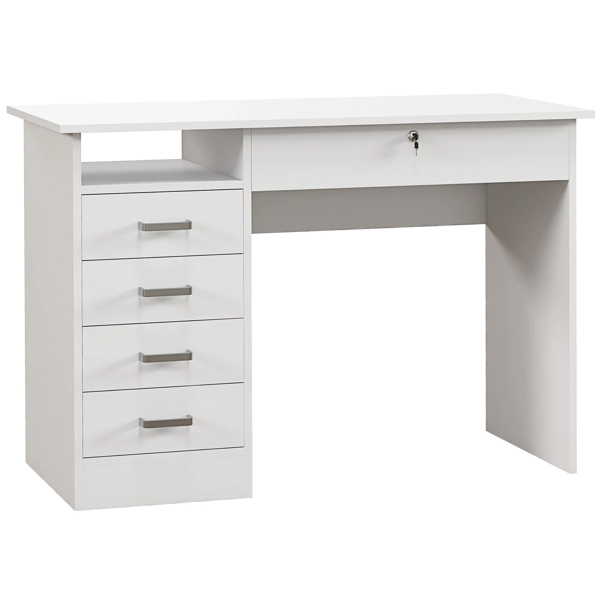 Bureau informatique table d'ordinateur moderne avec 5 tiroirs, grand plateau, 1 compartiment ouvert, tiroir verrouillable, 110 x 50 x 76 cm, blanc - Image 2
