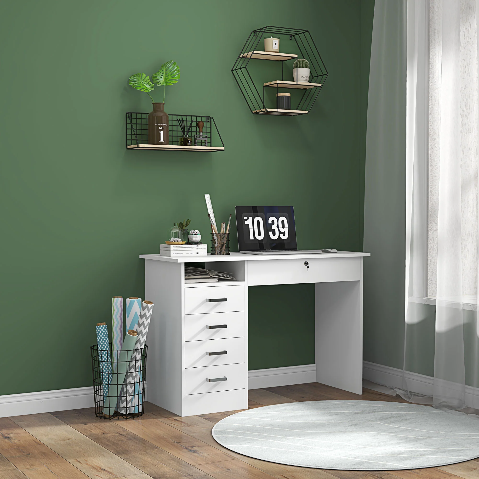 Bureau informatique table d'ordinateur moderne avec 5 tiroirs, grand plateau, 1 compartiment ouvert, tiroir verrouillable, 110 x 50 x 76 cm, blanc - Image 3