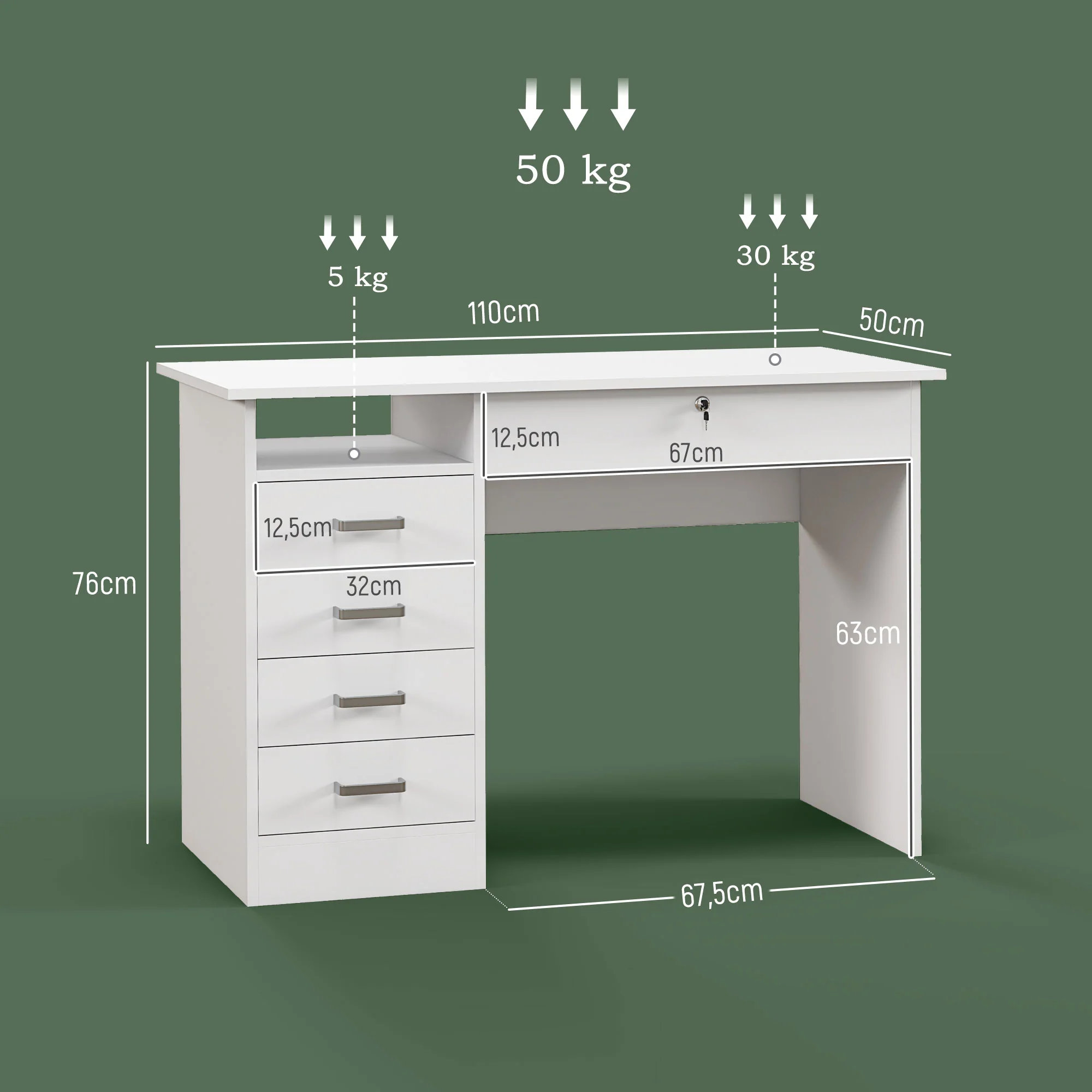Bureau informatique table d'ordinateur moderne avec 5 tiroirs, grand plateau, 1 compartiment ouvert, tiroir verrouillable, 110 x 50 x 76 cm, blanc - Image 4