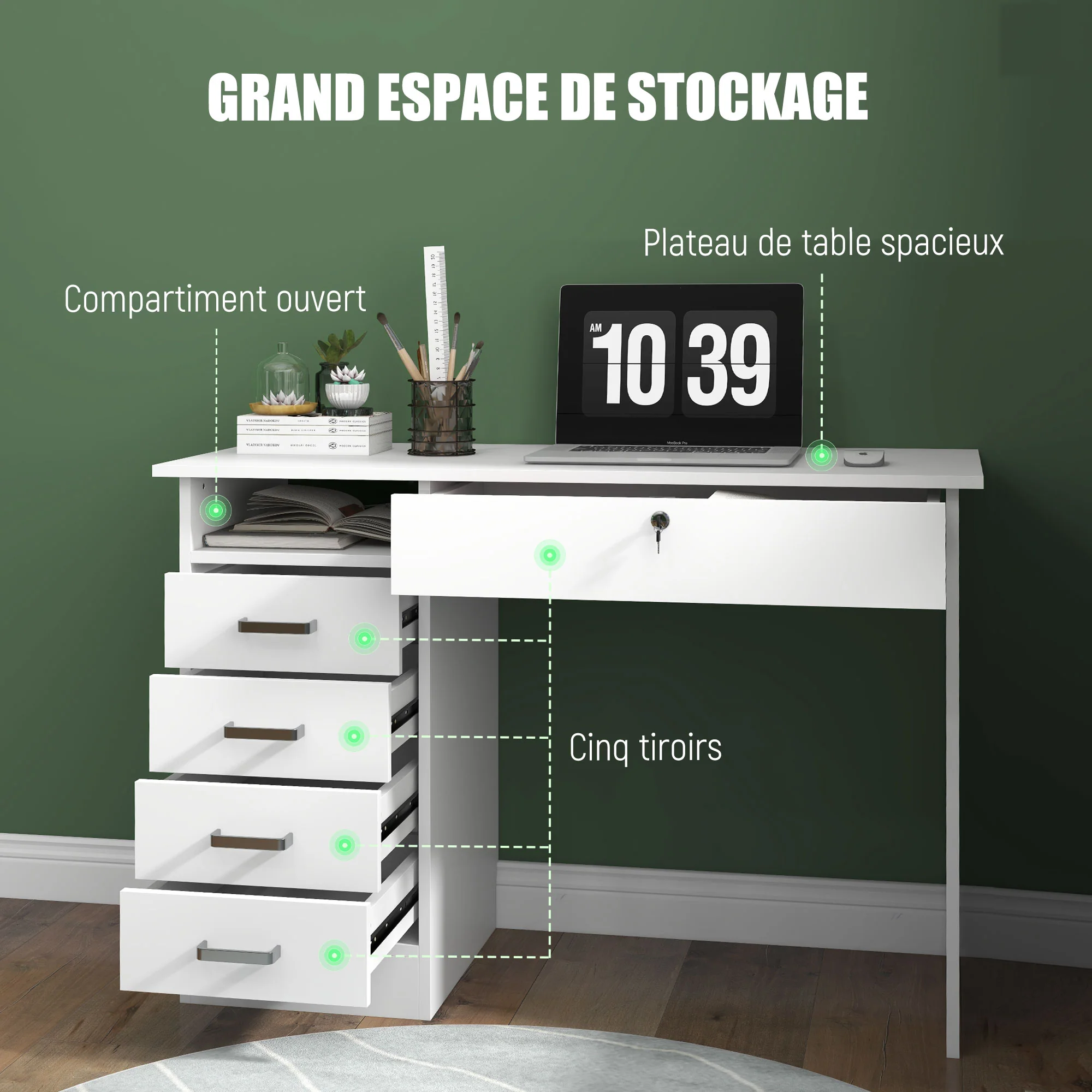 Bureau informatique table d'ordinateur moderne avec 5 tiroirs, grand plateau, 1 compartiment ouvert, tiroir verrouillable, 110 x 50 x 76 cm, blanc - Image 5