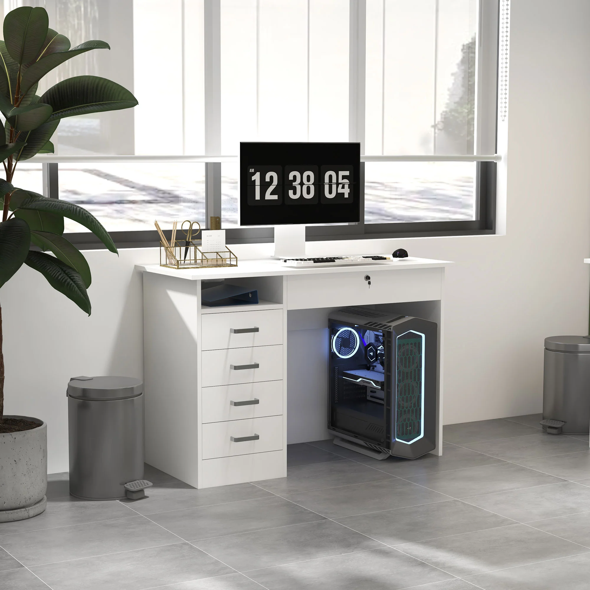 Bureau informatique table d'ordinateur moderne avec 5 tiroirs, grand plateau, 1 compartiment ouvert, tiroir verrouillable, 110 x 50 x 76 cm, blanc - Image 7