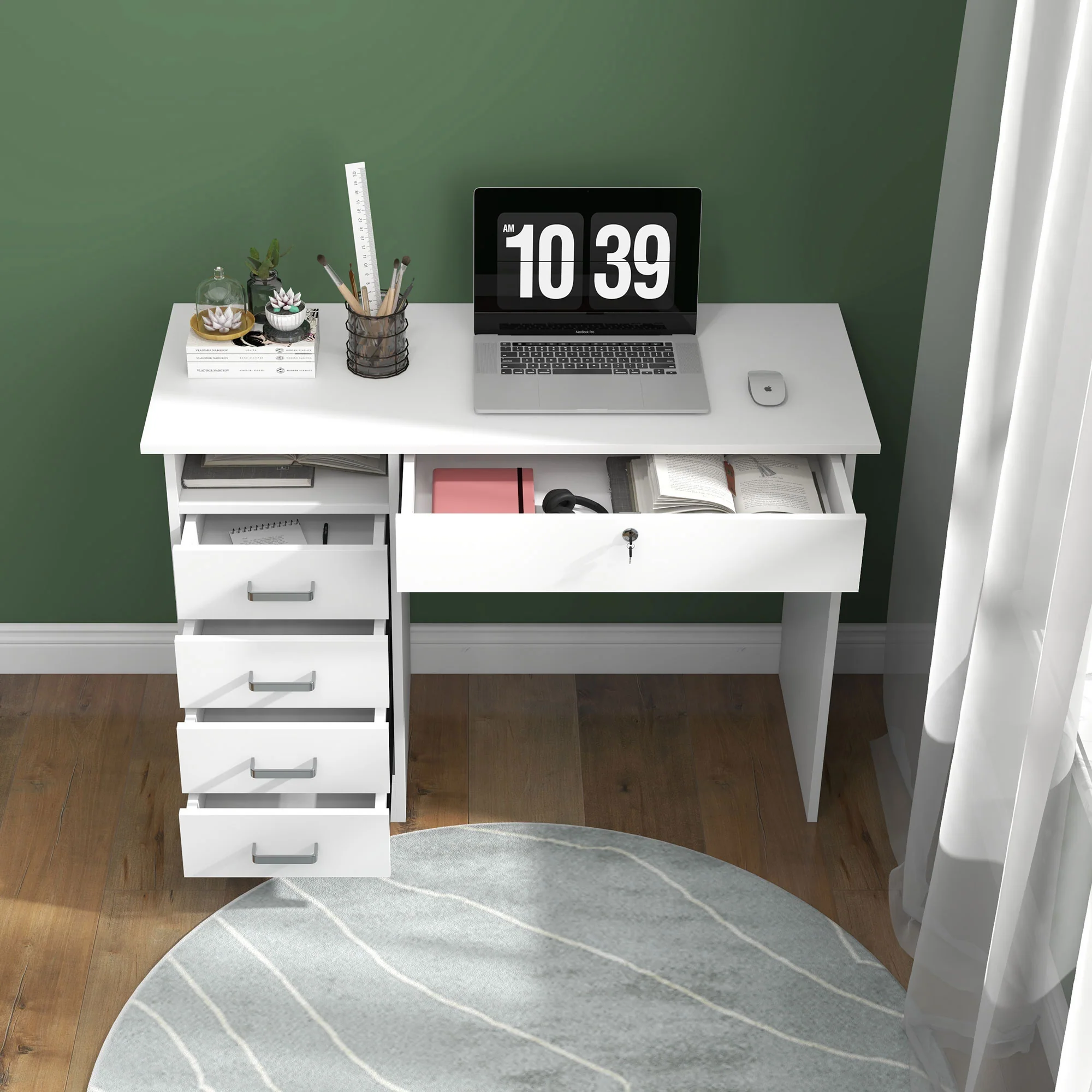 Bureau informatique table d'ordinateur moderne avec 5 tiroirs, grand plateau, 1 compartiment ouvert, tiroir verrouillable, 110 x 50 x 76 cm, blanc - Image 9
