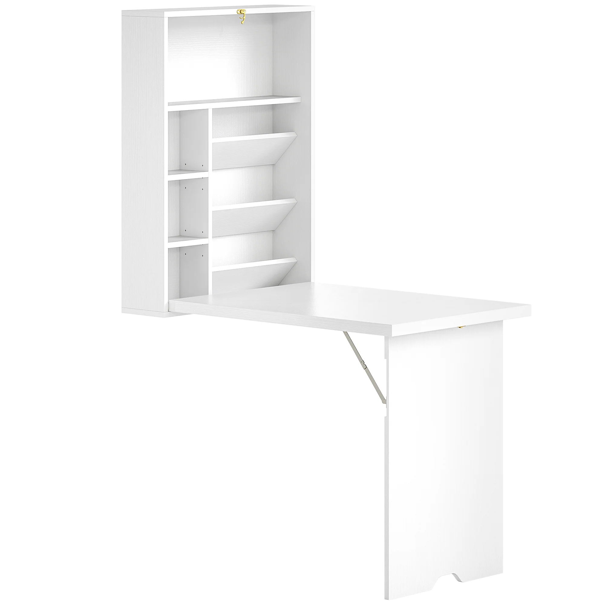 Bureau pliable mural avec étagères de rangement, bureau rabattable, table murale pliante, gain de place idéal pour salon, salle à manger, petit espace, blanc - Image 2