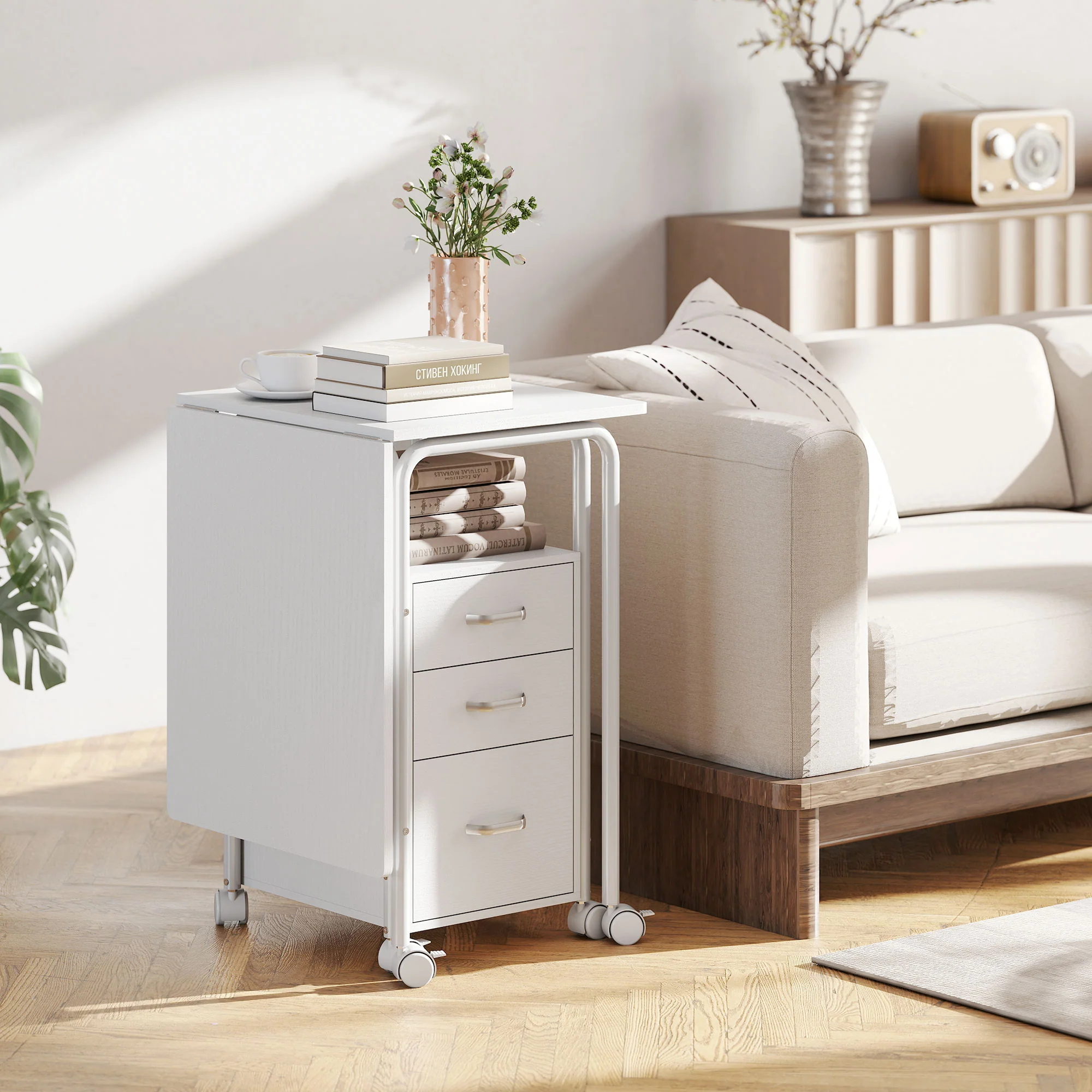 Bureau pliable sur roulettes avec 3 tiroirs, bureau d'ordinateur, plateau extensible, cadre en acier, 105x51x75,5cm, pour télétravail, chambre, salle d'étude, style moderne, blanc - Image 10