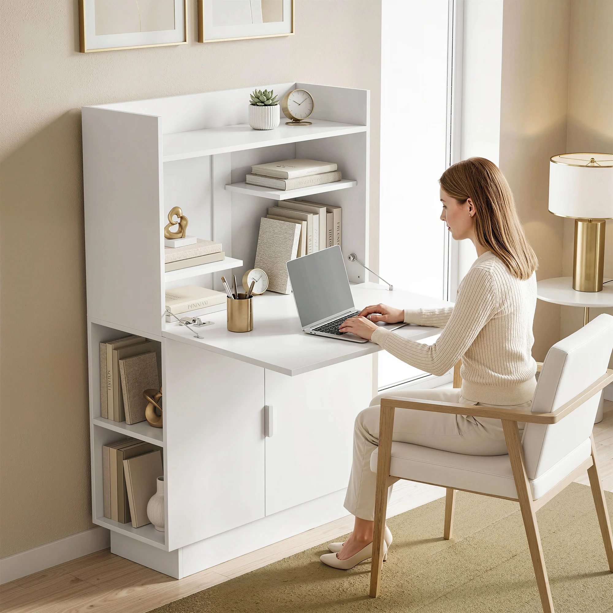 Bureau Pliant, Bureau Informatique avec Plateau Rabattable, étagères de Rangement et Placard, Style Moderne, 80 x 30 x 128 cm, Blanc - Image 10