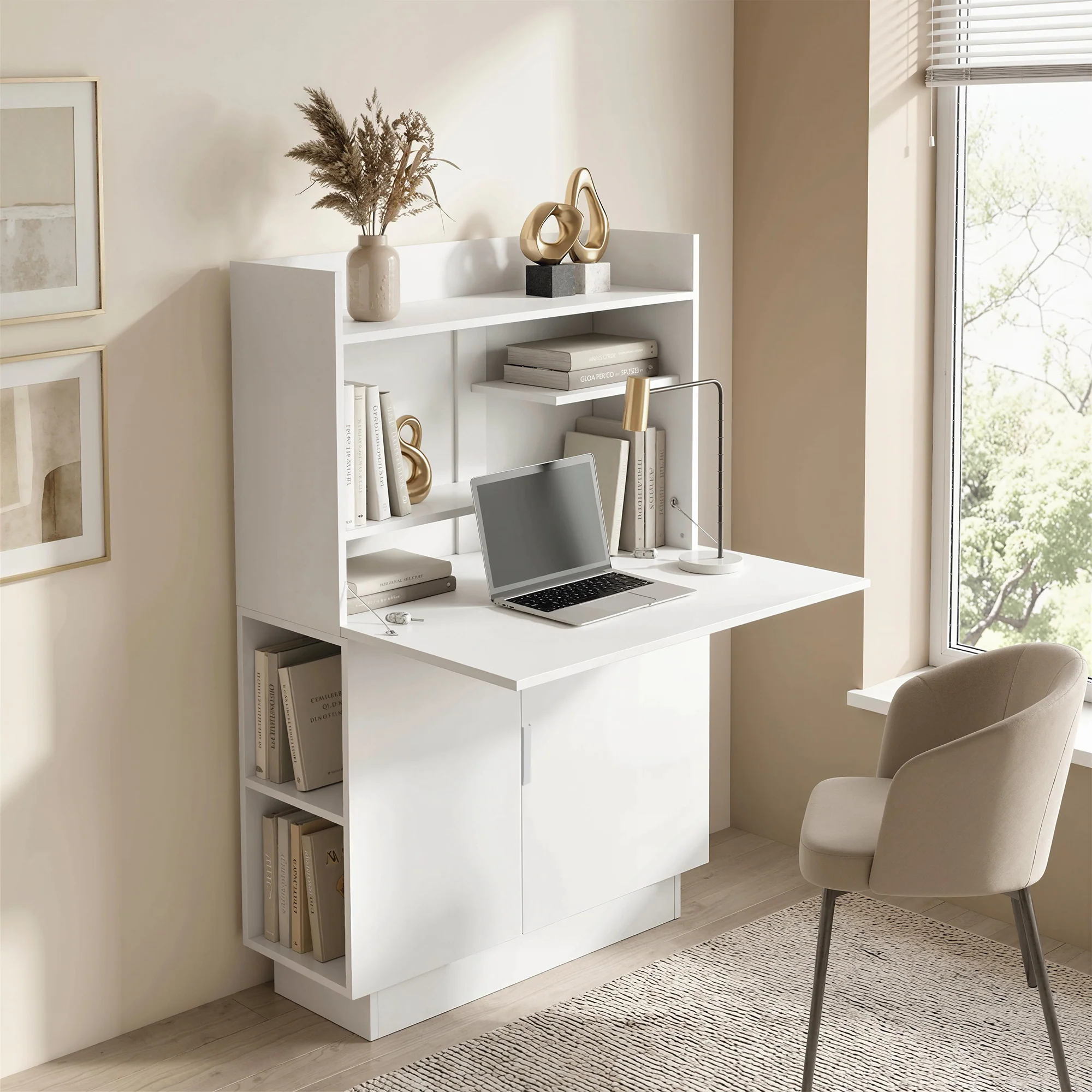 Bureau Pliant, Bureau Informatique avec Plateau Rabattable, étagères de Rangement et Placard, Style Moderne, 80 x 30 x 128 cm, Blanc - Image 11