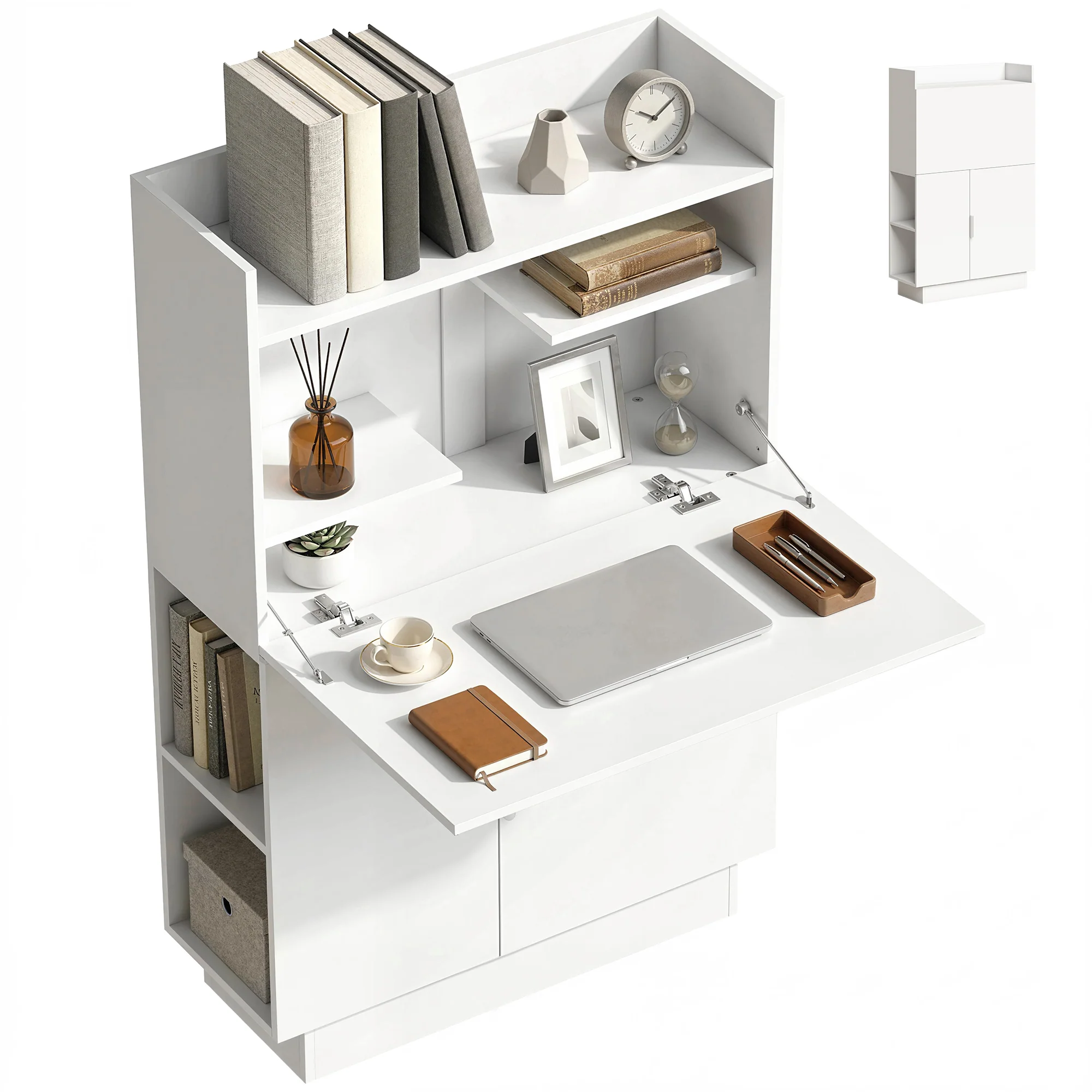 Bureau Pliant, Bureau Informatique avec Plateau Rabattable, étagères de Rangement et Placard, Style Moderne, 80 x 30 x 128 cm, Blanc - Image 12
