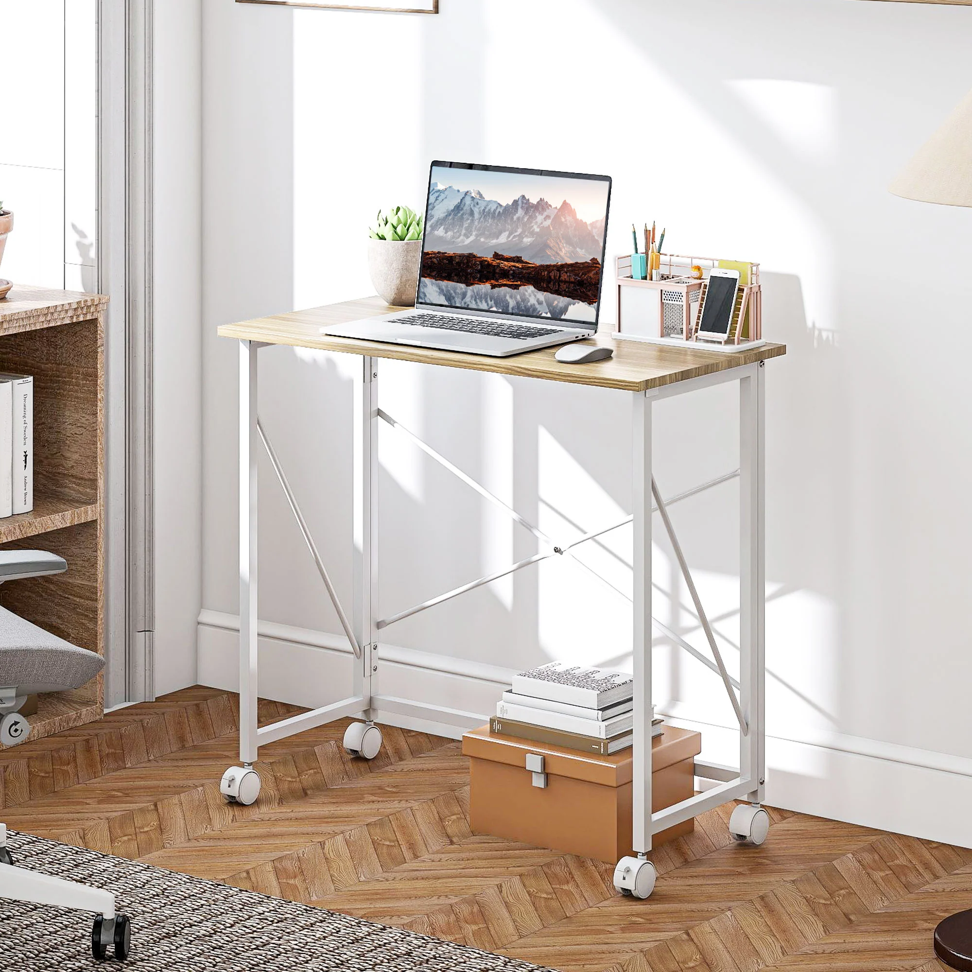 Bureau pliant table d'ordinateur 80 x 40 cm bureau sur roulettes style moderne pour domicile, chambre, petits espaces, chêne - Image 3