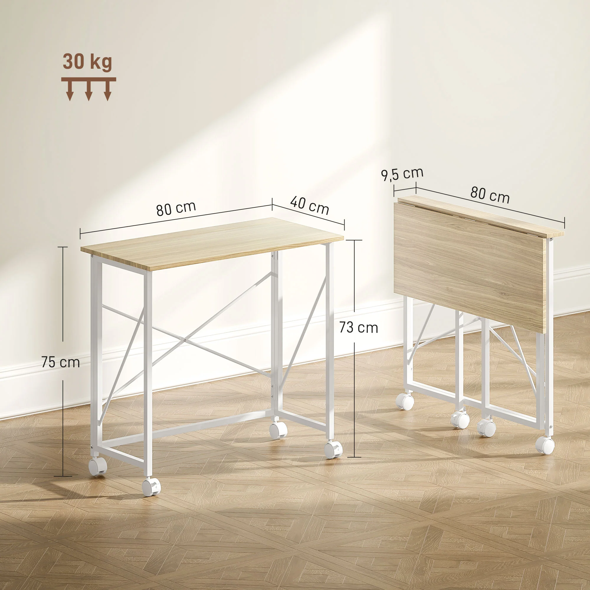 Bureau pliant table d'ordinateur 80 x 40 cm bureau sur roulettes style moderne pour domicile, chambre, petits espaces, chêne - Image 4